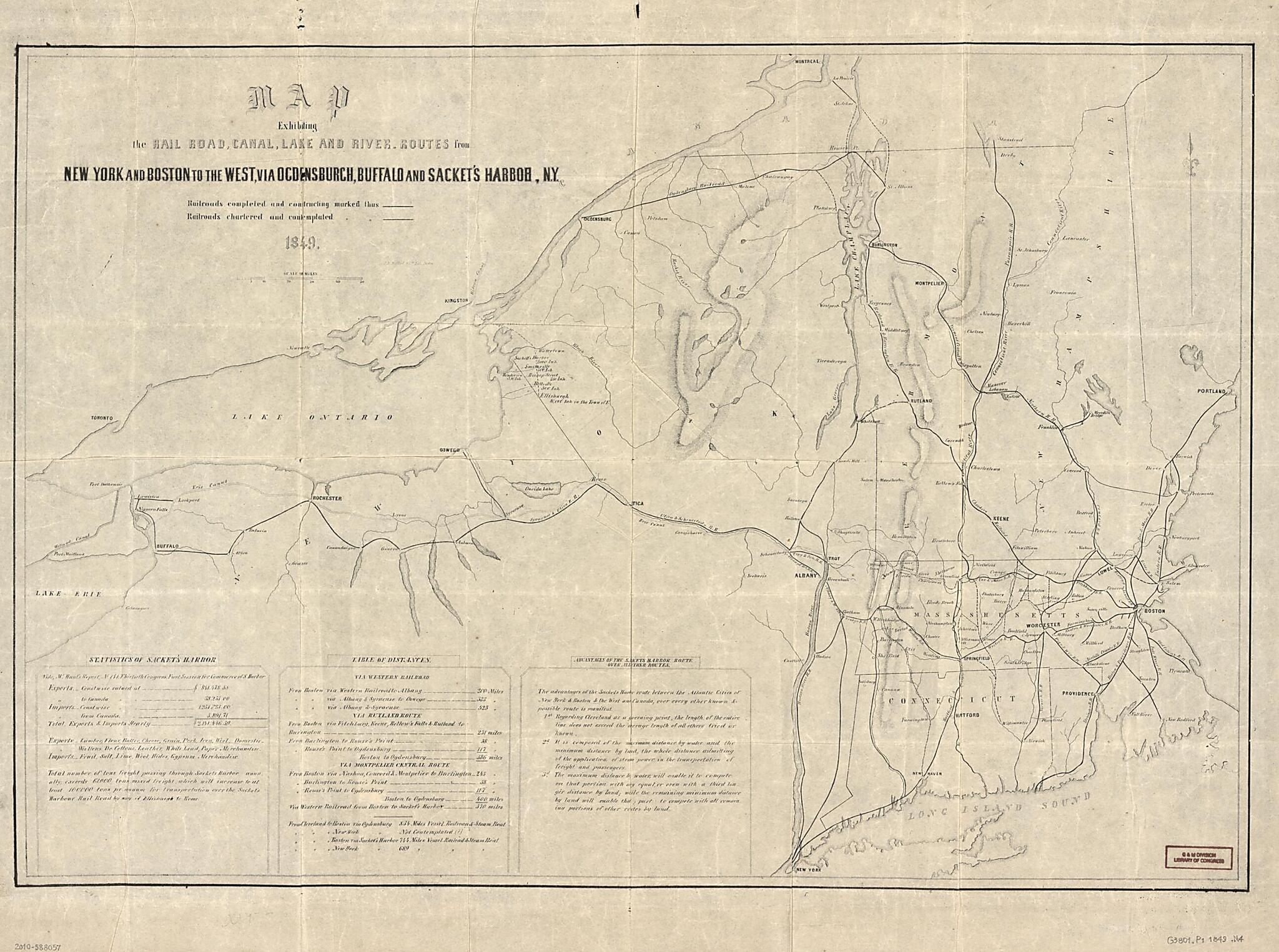 Map Exhibiting the Rail Road, Canal, Lake, and River Routes from New York and Boston to the West : Via Ocdensburgh sic and Sacket&