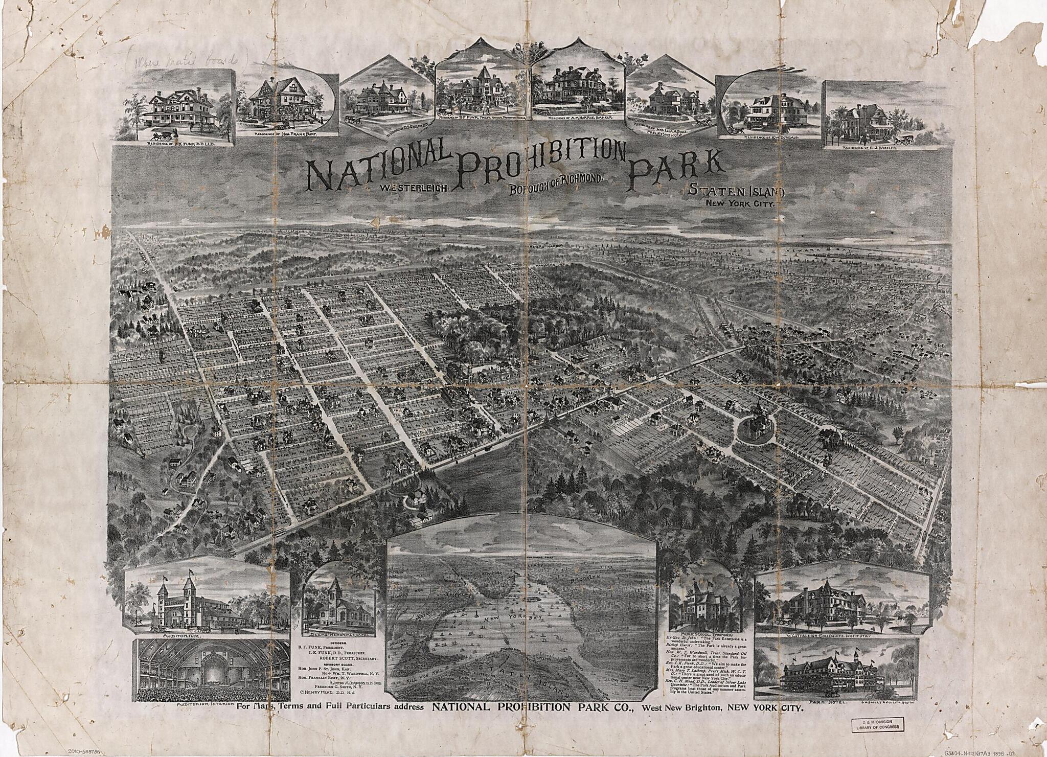 This old map of National Prohibition Park, Westerleigh, Borough of Richmond, Staten Island, New York City from 1898 was created by National Prohibition Park Co, O.H. Bailey & Co in 1898