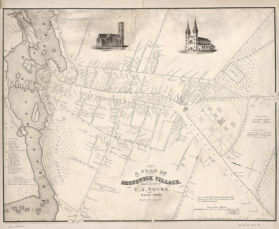 This old map of A Plan of Brunswick Village from 1846 was created by J.H. Bufford & Co, C. J. Noyes in 1846