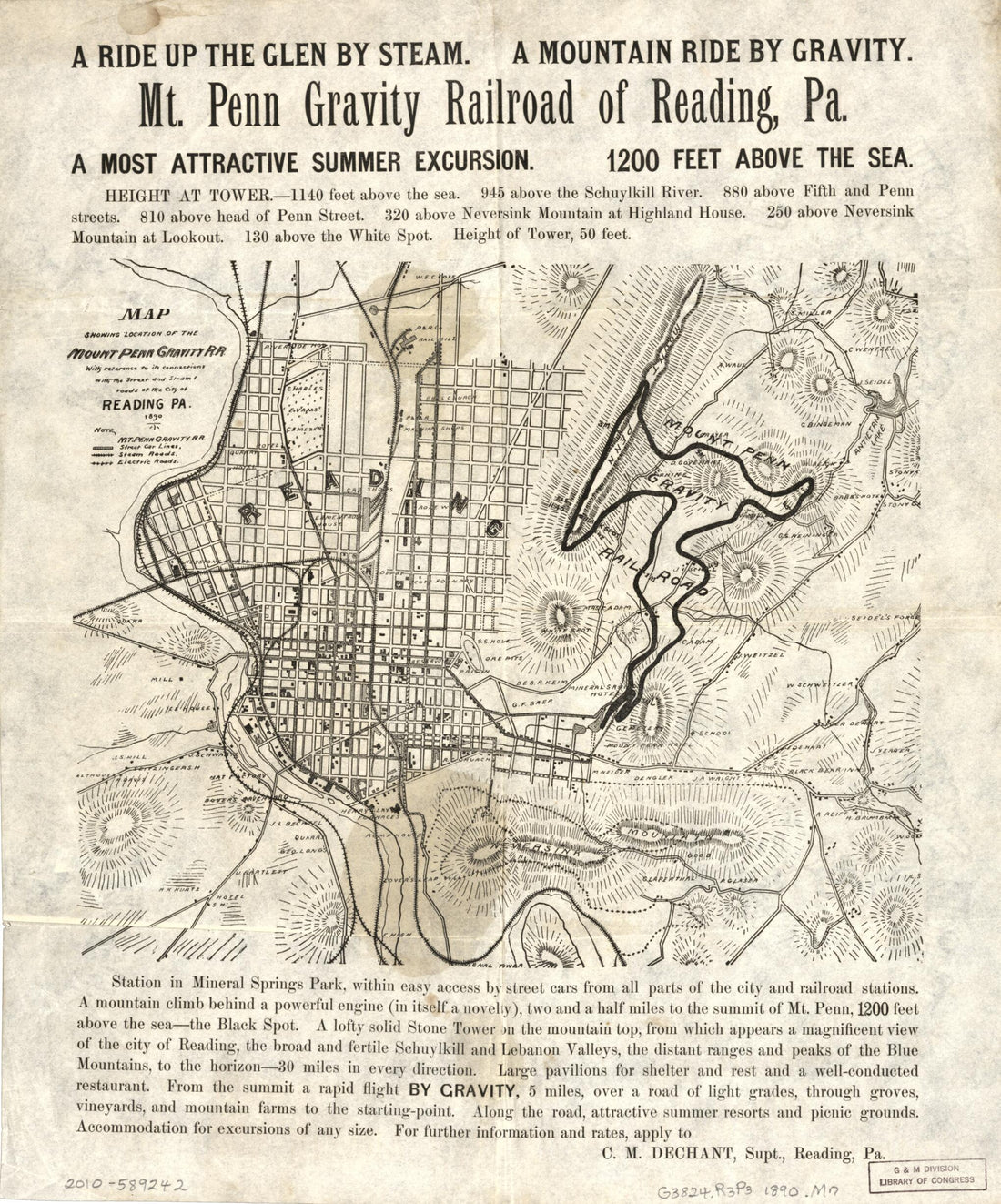 This old map of Mt. Penn Gravity Railroad of Reading, Pennsylvania : a Ride Up the Glen by Steam : a Mountain Ride by Gravity : a Most Attractive Summer Excursion : 1,200 Feet Above the Sea. (Mount Penn Gravity Railroad of Reading, Pennsylvania, Map Show