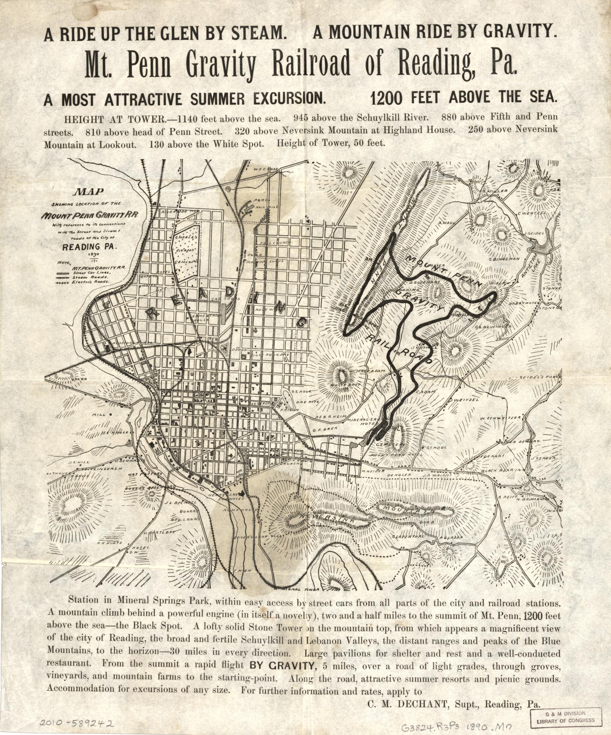 This old map of Mt. Penn Gravity Railroad of Reading, Pennsylvania : a Ride Up the Glen by Steam : a Mountain Ride by Gravity : a Most Attractive Summer Excursion : 1,200 Feet Above the Sea. (Mount Penn Gravity Railroad of Reading, Pennsylvania, Map Show