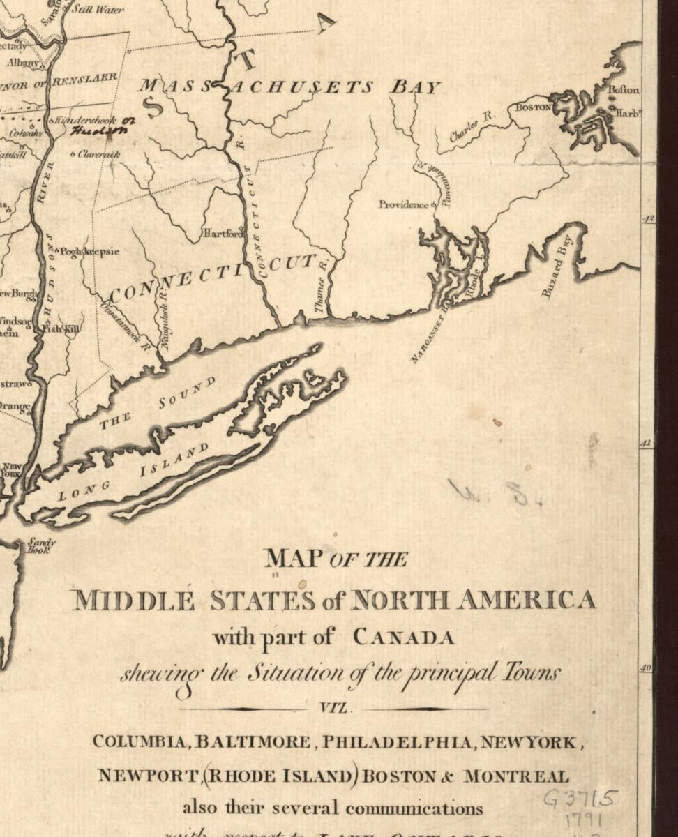This old map of Map of the Middle States of North America With Part of Canada Shewing the Situation of the Principal Towns, Viz. Columbia i.e. Washington, D.C., Baltimore, Philadelphia, New York, Newport, Rhode Island, Boston & Montreal, Also Their Sever