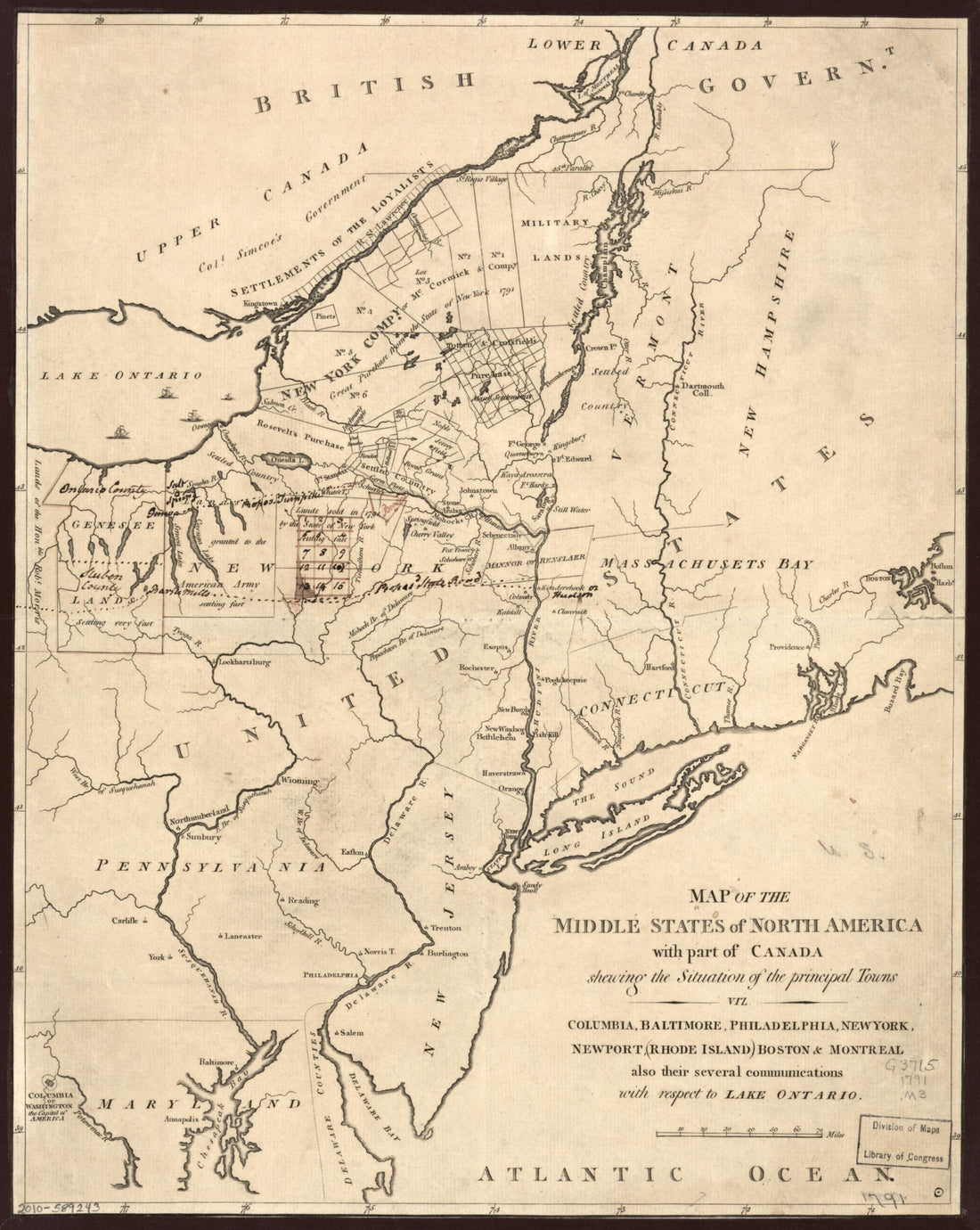This old map of Map of the Middle States of North America With Part of Canada Shewing the Situation of the Principal Towns, Viz. Columbia i.e. Washington, D.C., Baltimore, Philadelphia, New York, Newport, Rhode Island, Boston & Montreal, Also Their Sever