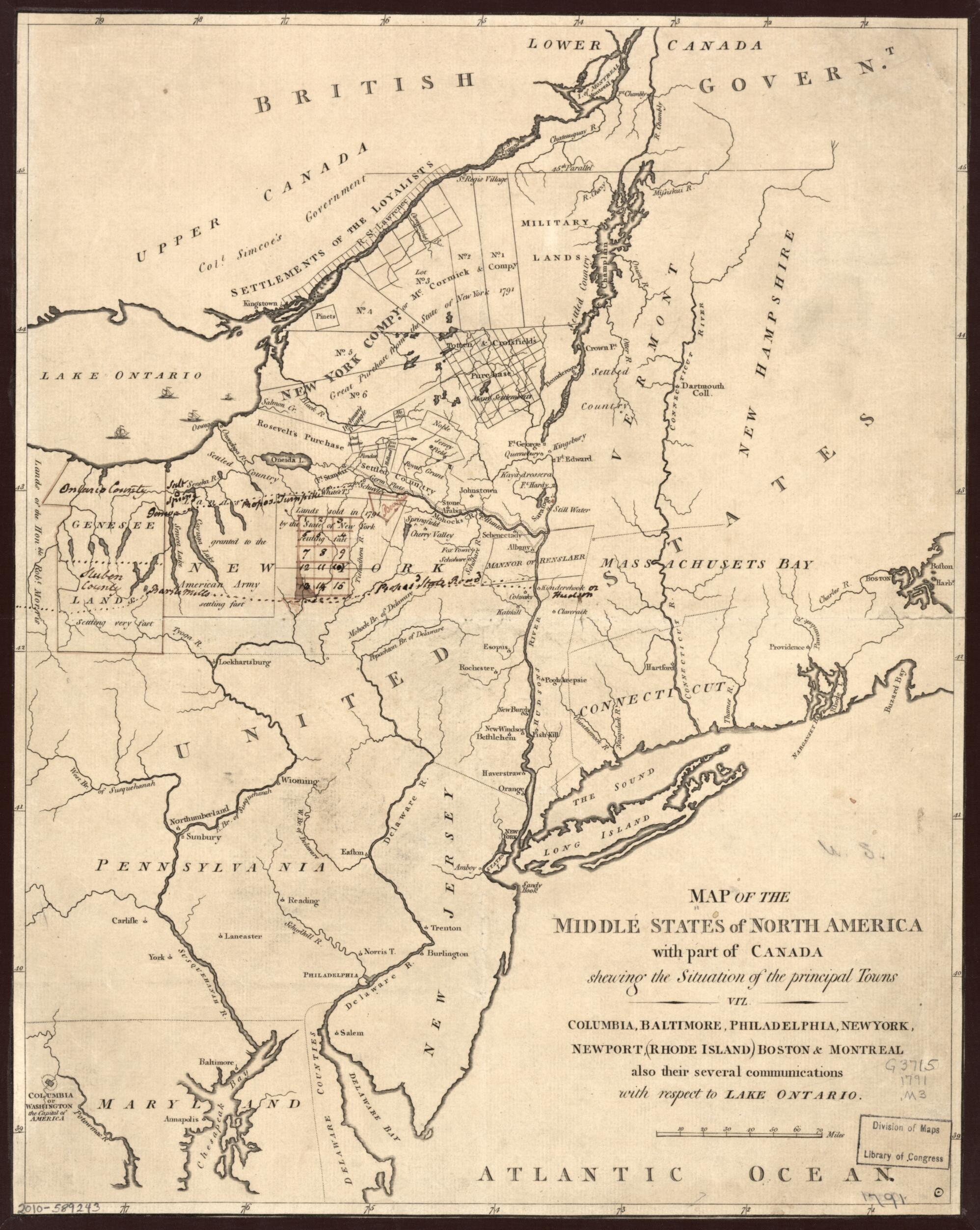 This old map of Map of the Middle States of North America With Part of Canada Shewing the Situation of the Principal Towns, Viz. Columbia i.e. Washington, D.C., Baltimore, Philadelphia, New York, Newport, Rhode Island, Boston & Montreal, Also Their Sever