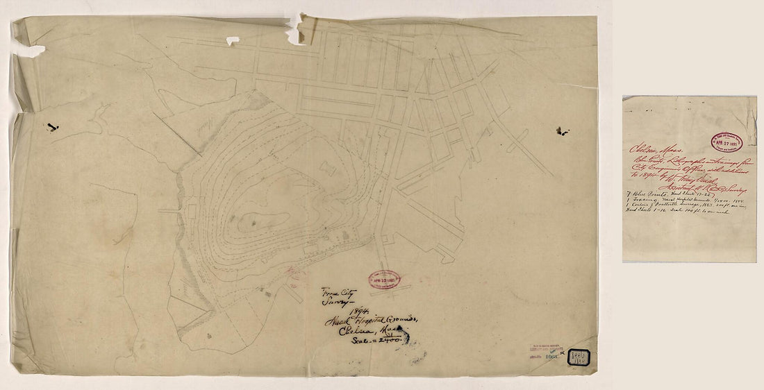 This old map of Naval Hospital Grounds, Chelsea, Mass from 1894 was created by Chelsea (Mass.). City Engineer, U.S. Coast and Geodetic Survey, W. I. (Washington Irving) Vinal in 1894