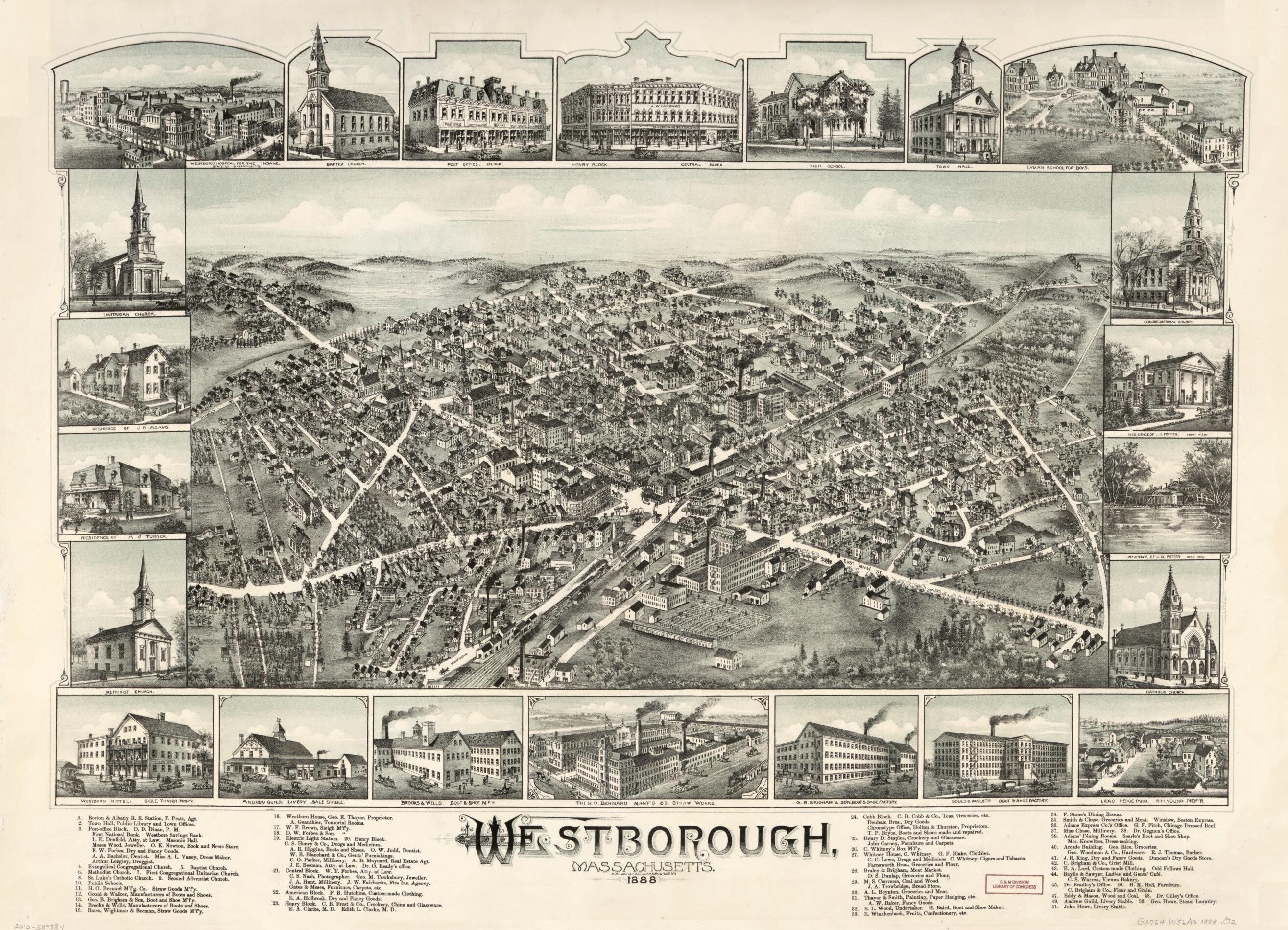 This old map of Westborough, Massachusetts, from 1888 was created by O.H. Bailey & Co in 1888
