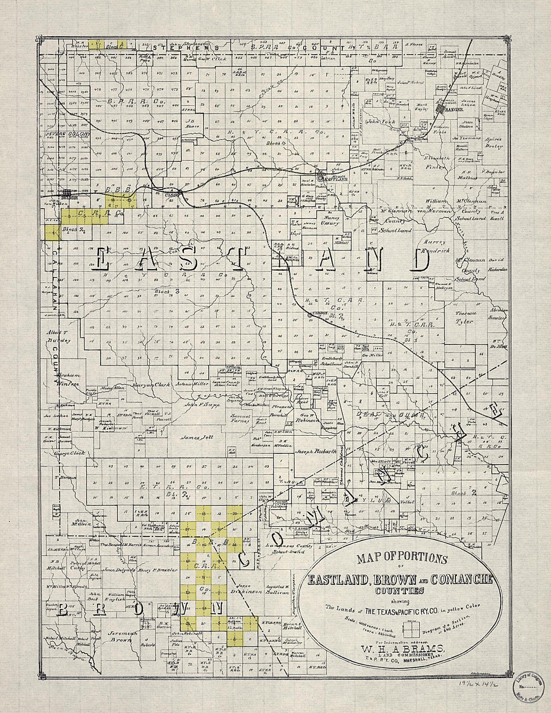This old map of Map of Portions of Eastland, Brown and Comanche Counties : Showing the Lands of the Texas and Pacific R&