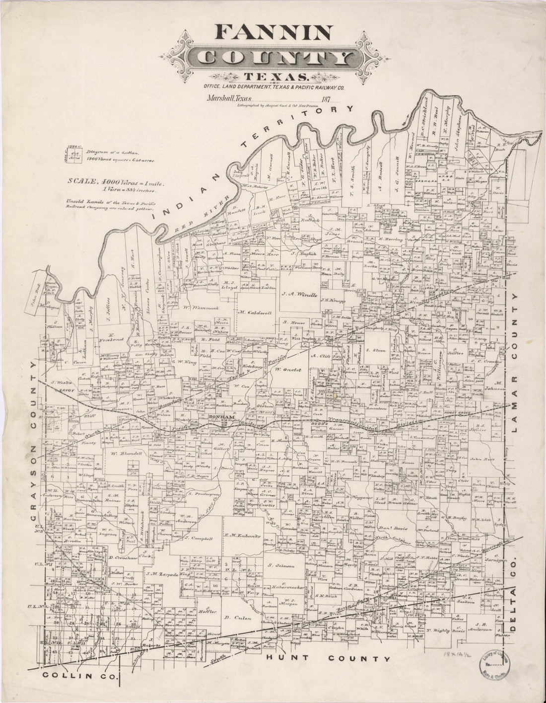 This old map of Fannin County, Texas from 1870 was created by Texas & Pacific Railway. Land Department in 1870