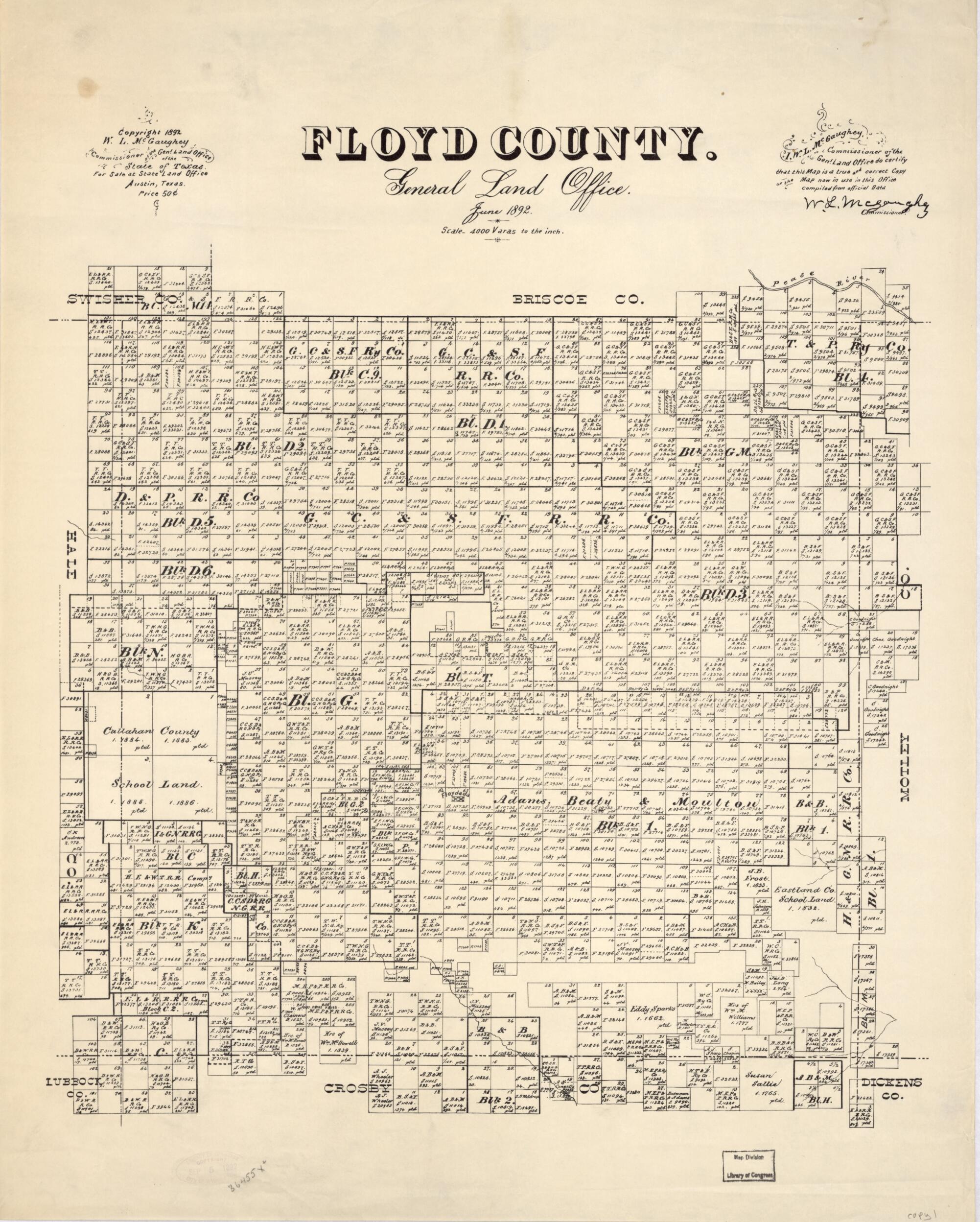 This old map of Floyd County : General Land Office, June from 1892 was created by W. L. McGaughey, Texas. General Land Office in 1892