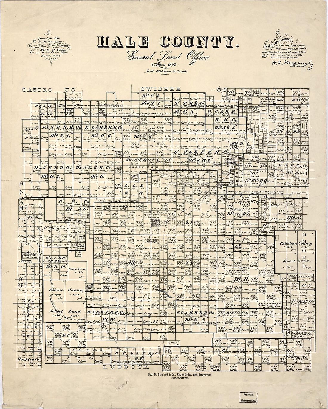 This old map of Hale County : General Land Office, May from 1892 was created by W. L. McGaughey, Texas. General Land Office in 1892