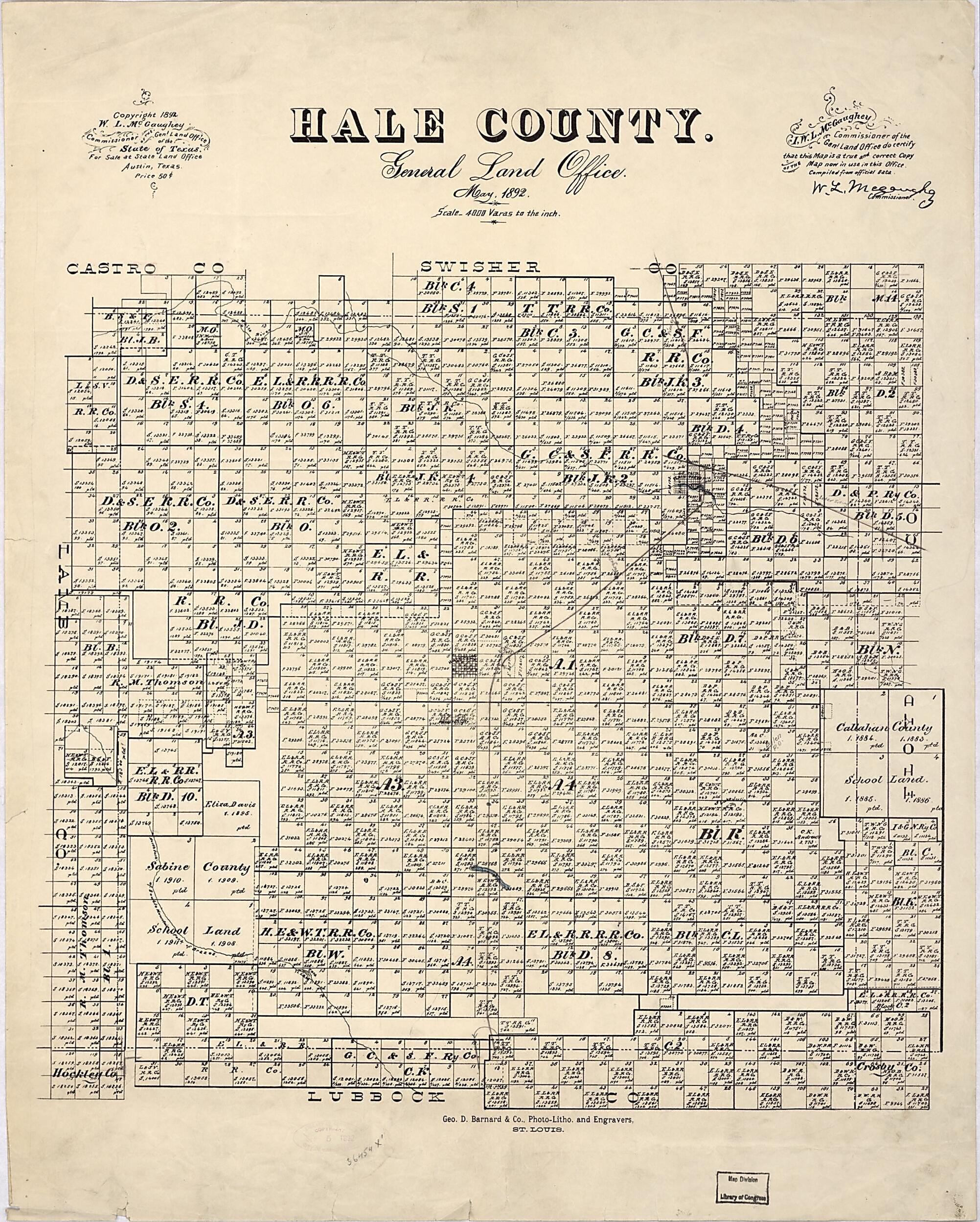This old map of Hale County : General Land Office, May from 1892 was created by W. L. McGaughey, Texas. General Land Office in 1892