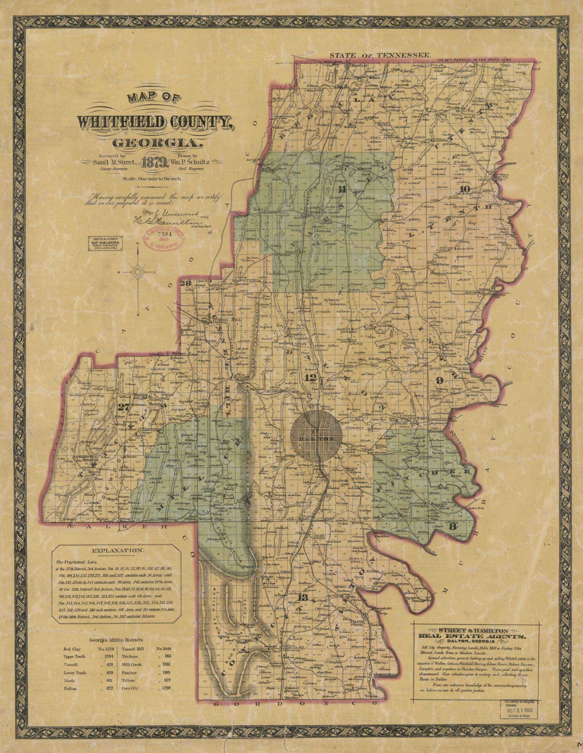 This old map of Map of Whitfield County, Georgia from 1879 was created by Wm. P. (William P.) Schultz, Smith & Stroup (Firm), Samuel M. Street in 1879
