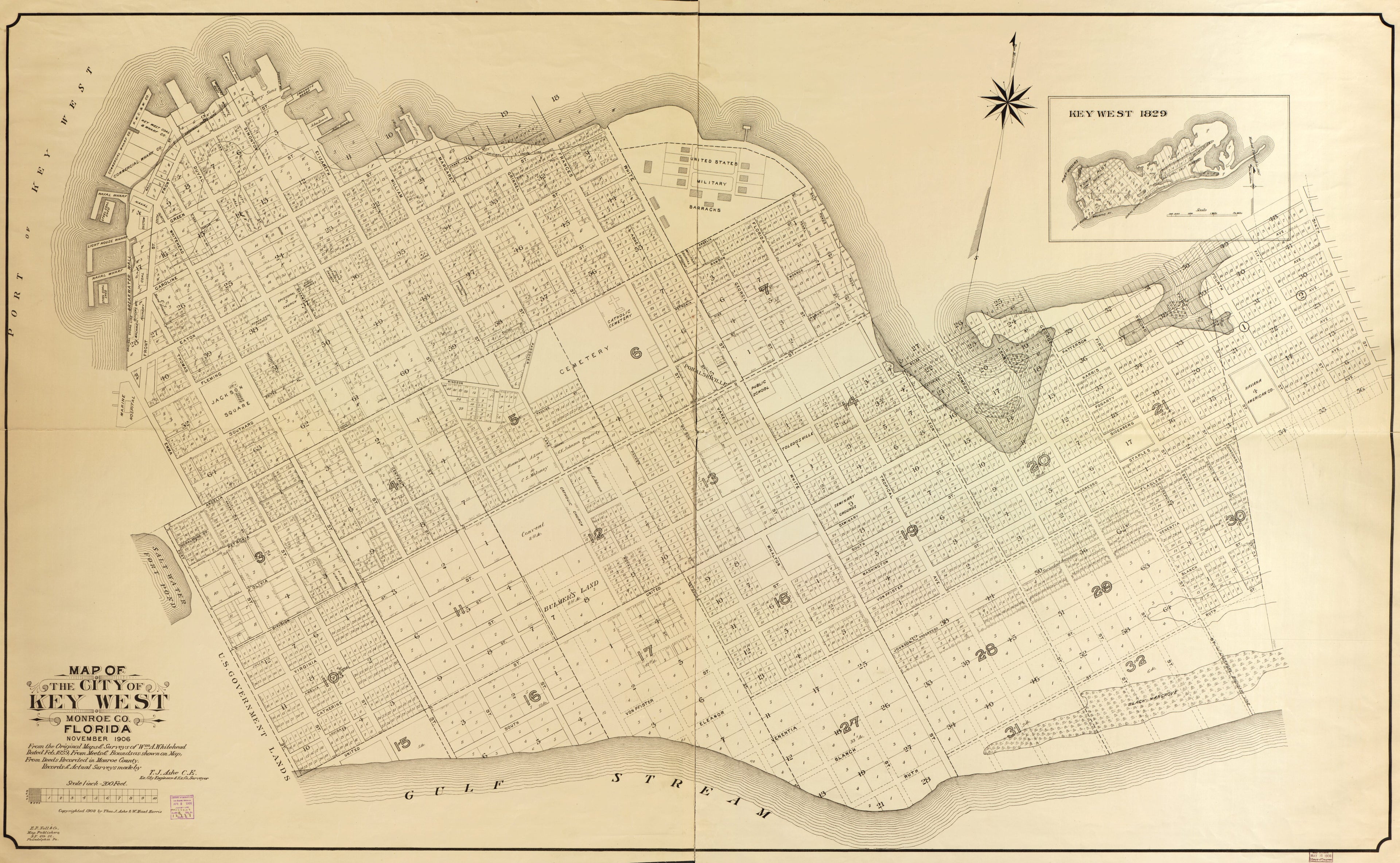 This old map of Map of the City of Key West, Monroe Co., Florida : from the Original Maps and Surveys of Wm. A. Whitehead Dated Feb. 1829, from Meets and Bounds Shown On the Map, from Deeds Recorded In Monroe County from 1908 was created by T. J. Ashe,