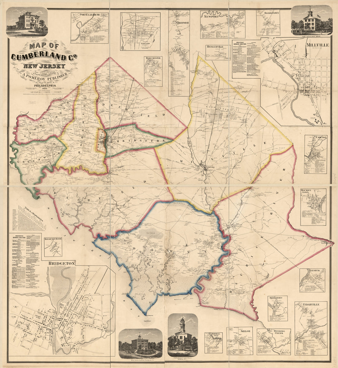 This old map of Map of Cumberland Co., New Jersey : from Actual Surveys (Map of Cumberland County, New Jersey) from 1862 was created by A. Pomeroy & Co, F. W. (Frederick W.) Beers, S. N. Beers, L. B. Lake, C. S. (Charles S.) Warner in 1862