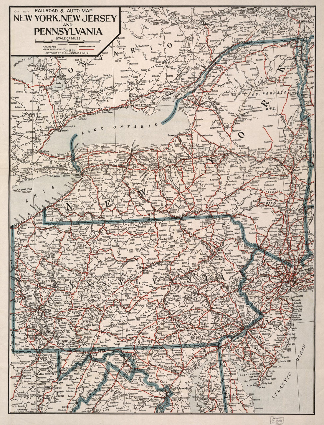 This old map of Railroad & Auto Map, New York, New Jersey and Pennsylvania from 1923 was created by C.S. Hammond & Company in 1923