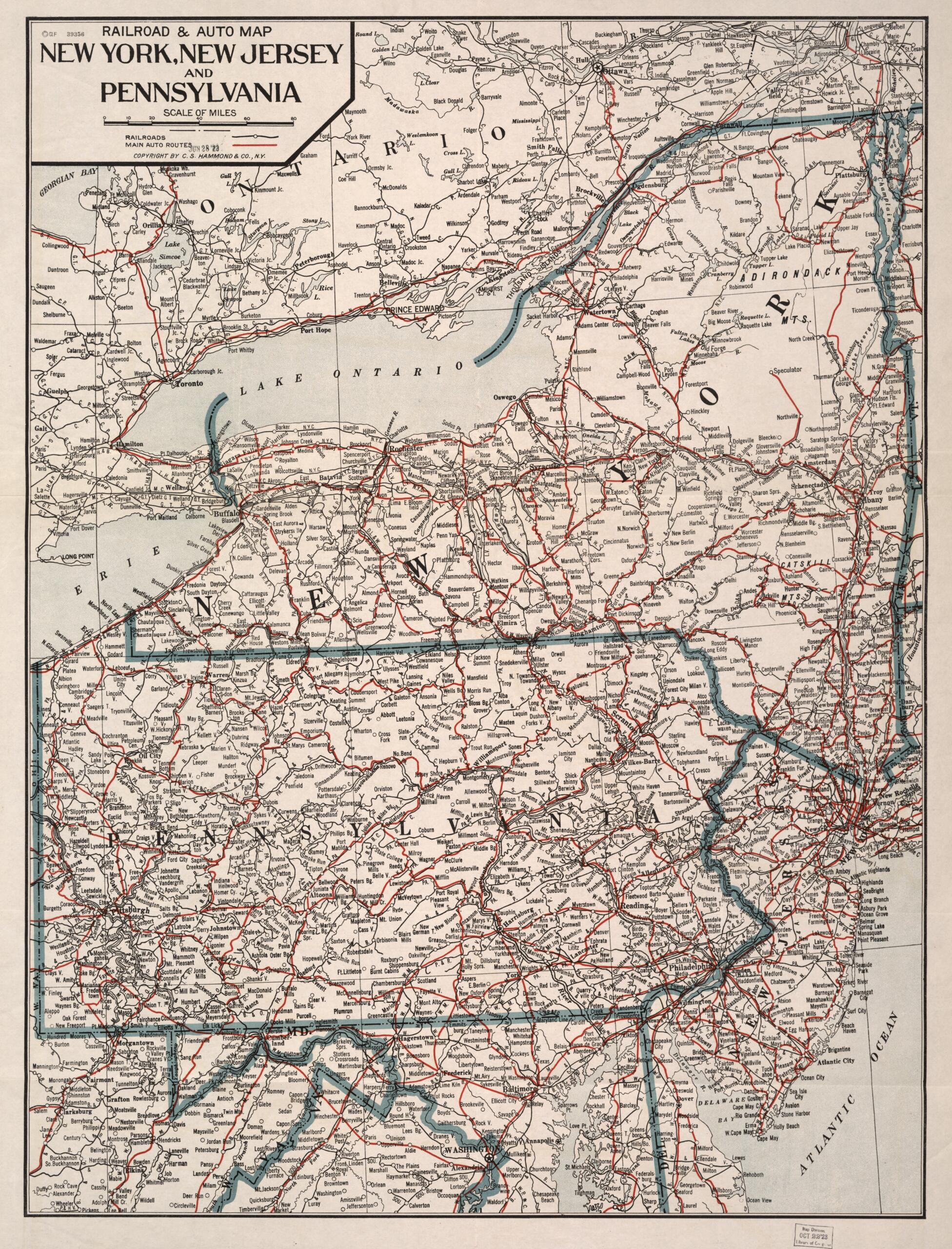 This old map of Railroad & Auto Map, New York, New Jersey and Pennsylvania from 1923 was created by C.S. Hammond & Company in 1923