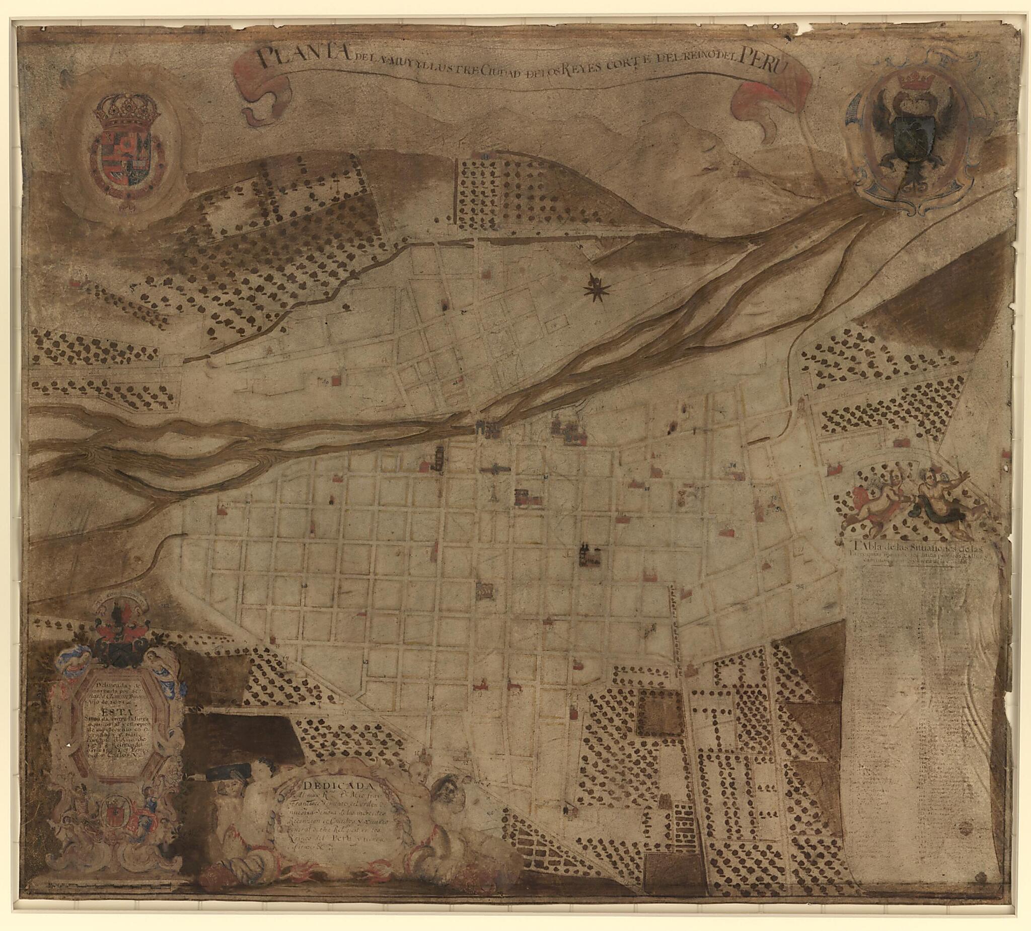 This old map of Planta De La Muy Yllustre Ciudad De Los Reyes Corte Del Reino Del Peru : Lima from 1674 was created by Bernardo Clemente Principe in 1674