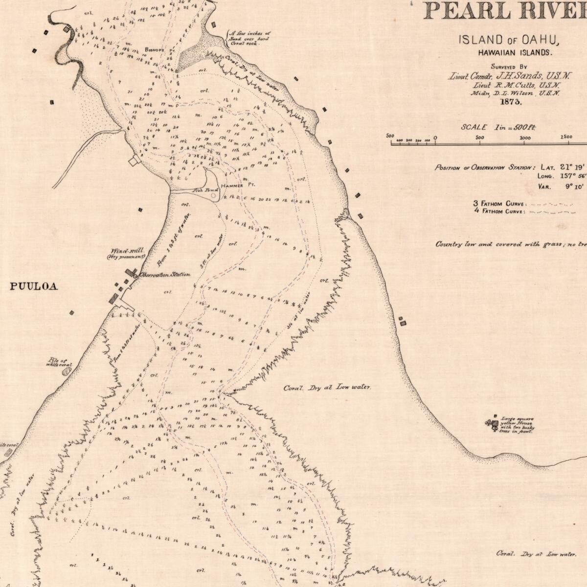 This old map of Mouth and Bar of Pearl River, Island of Oahu, Hawaiian Islands from 1873 was created by R. M. Cutts, J. H. Sands, D. L. Wilson in 1873