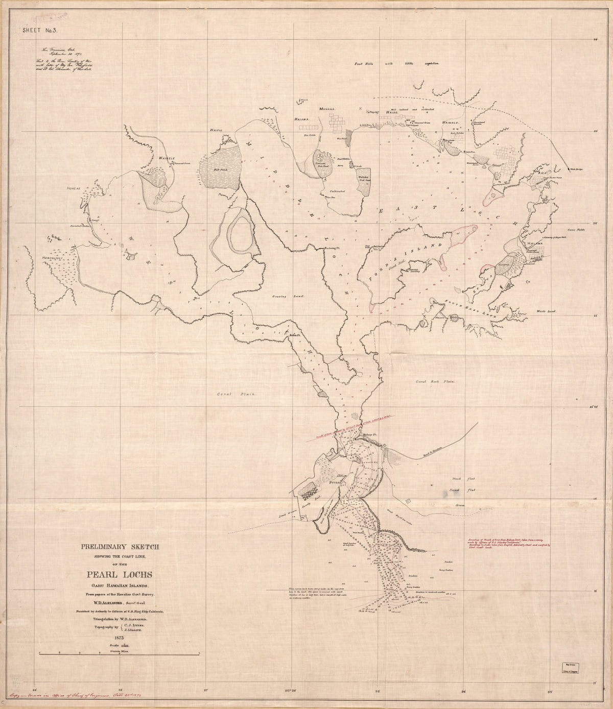 Preliminary Sketch Showing the Coast Line of the Pearl Lochs, Oahu, Hawaiian Islands 1873 by Relic Map Company