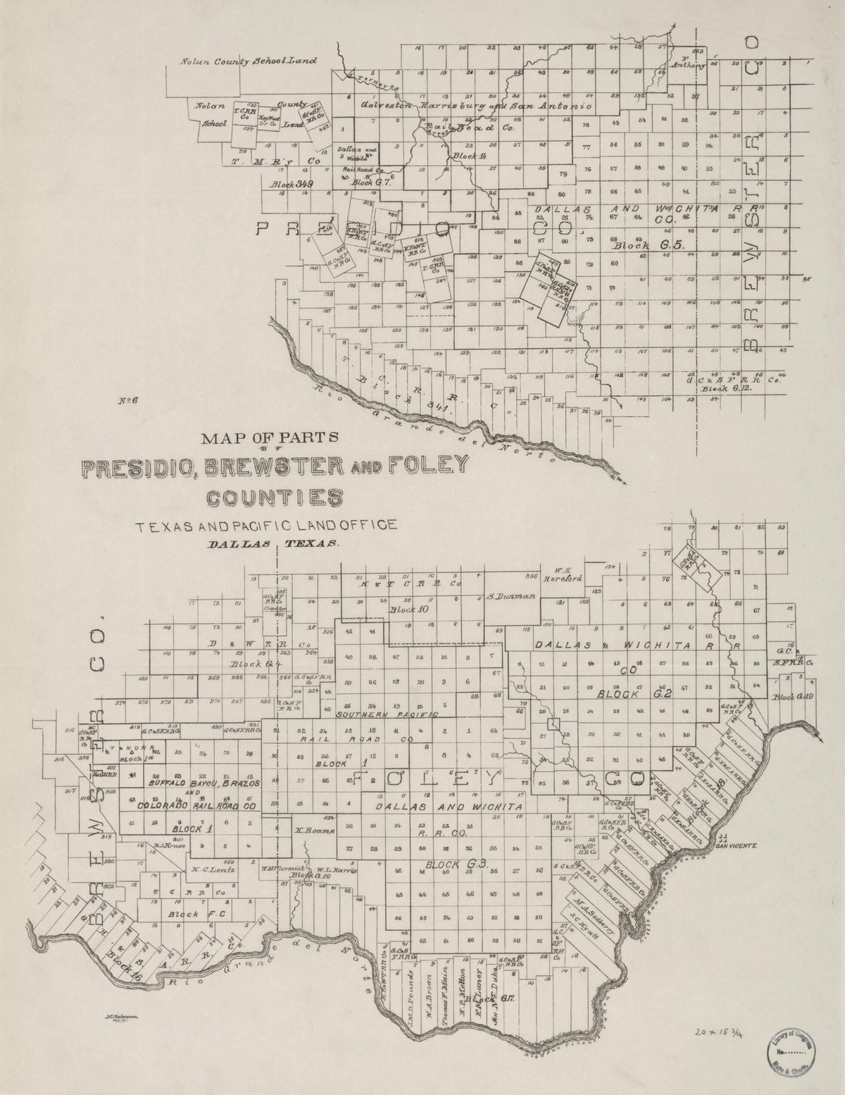 Map of Parts of Presidio, Brewster and Foley Counties : Texas and Pacific Land Office, Dallas, Texas 1891 by Relic Map Company