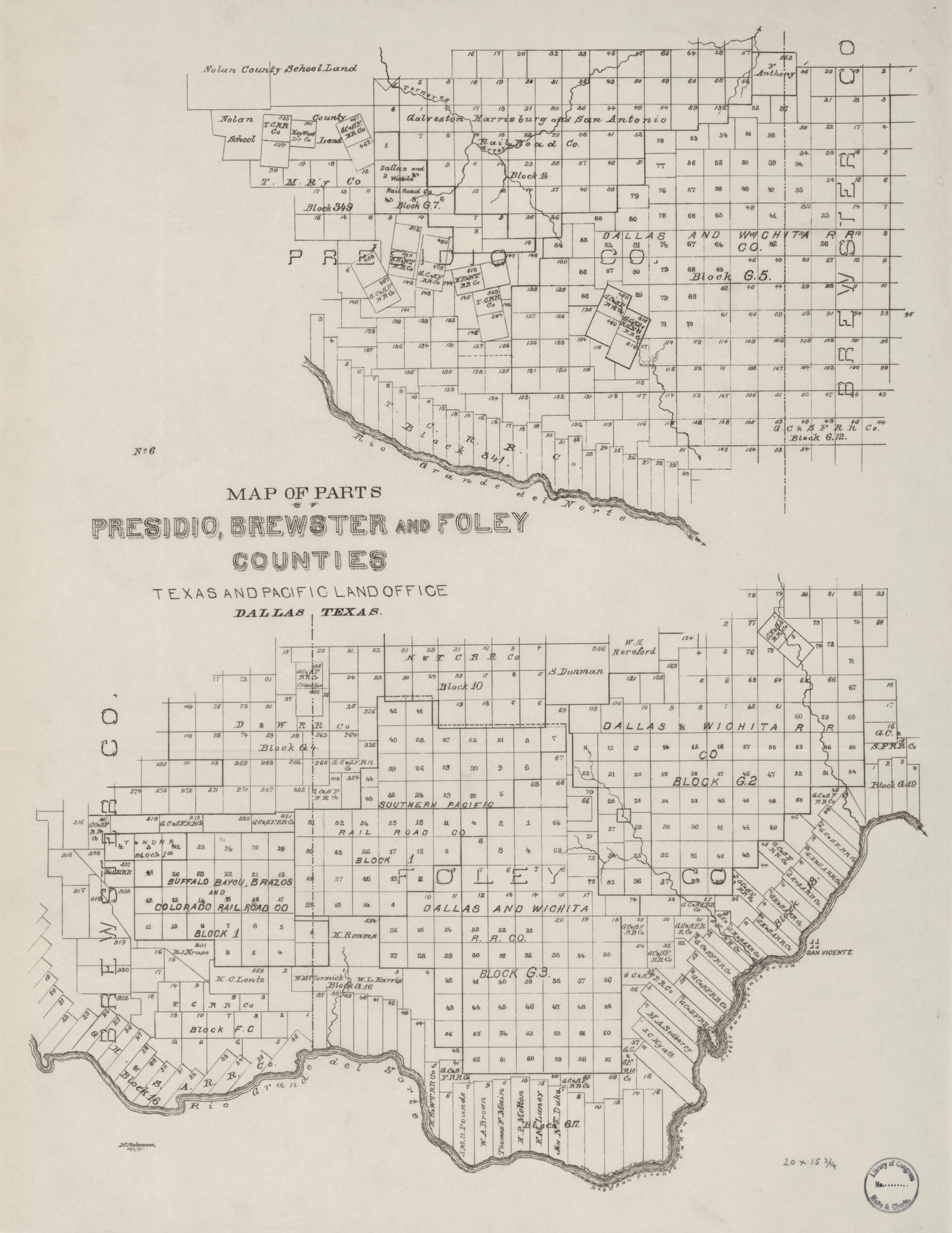 Map of Parts of Presidio, Brewster and Foley Counties : Texas and Pacific Land Office, Dallas, Texas 1891 by Relic Map Company