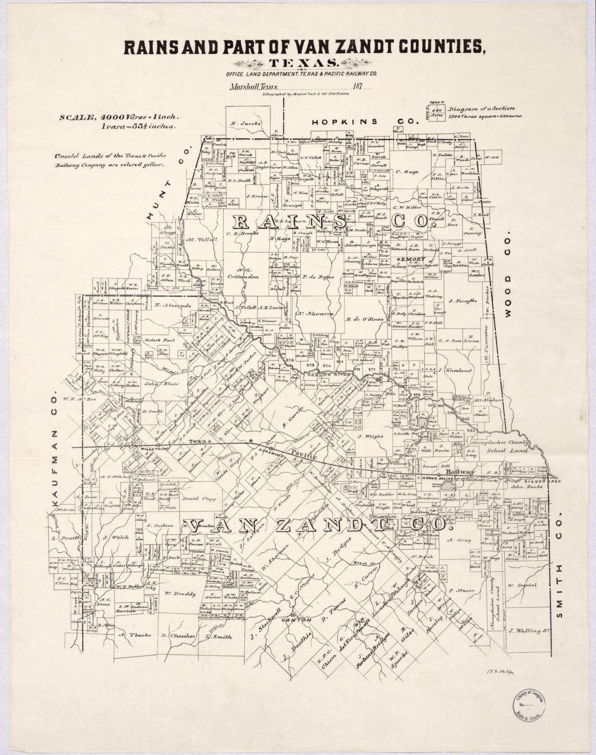 This old map of Rains and Part of Van Zandt Counties from 1870 was created by Texas & Pacific Railway. Land Department in 1870