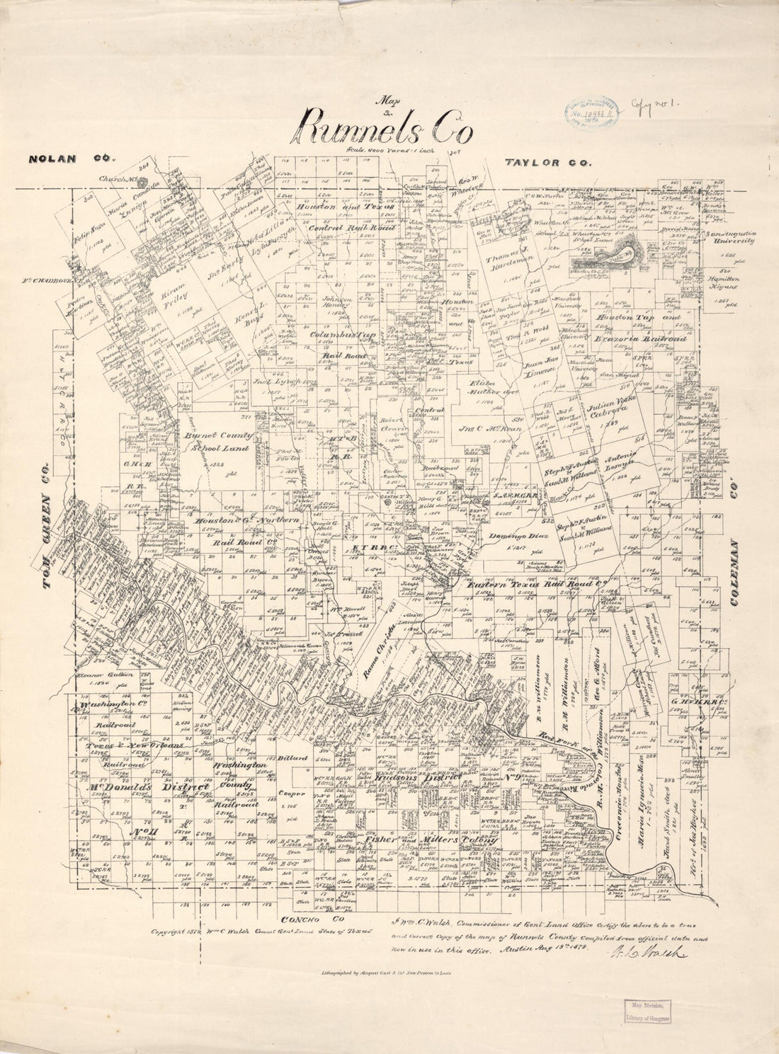 This old map of Map of Runnels Co from 1879 was created by Texas. General Land Office, W. C. (William C.) Walsh in 1879