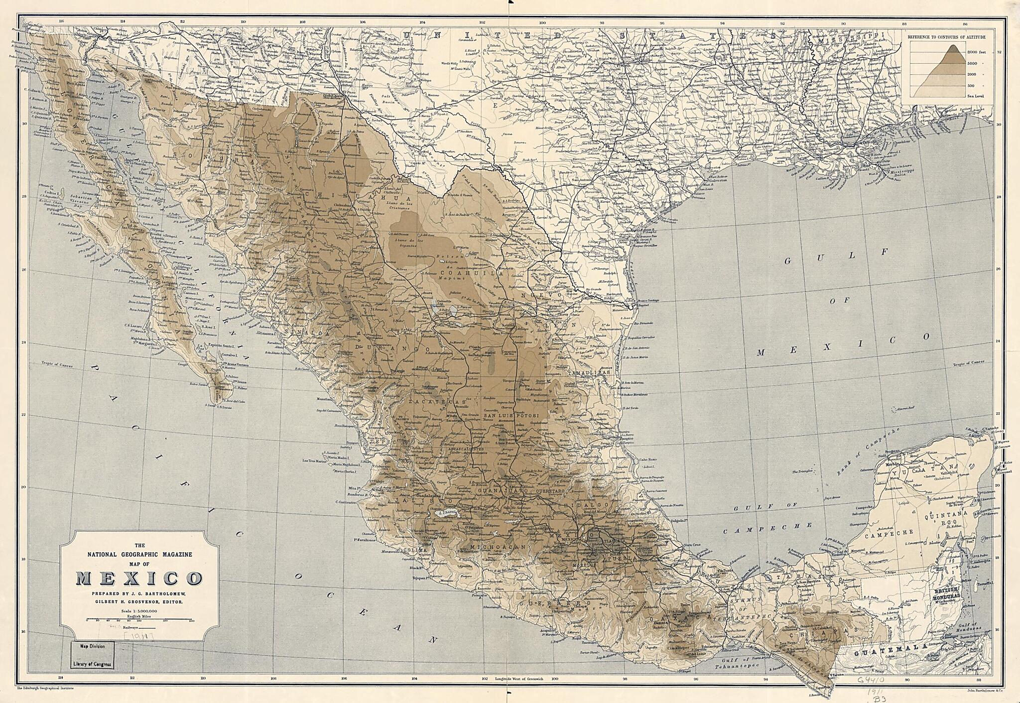 This old map of The National Geographic Magazine Map of Mexico from 1911 was created by J. G. (John George) Bartholomew, Edinburgh Geographical Institute, Gilbert Hovey Grosvenor, National Geographic Society (U.S.) in 1911