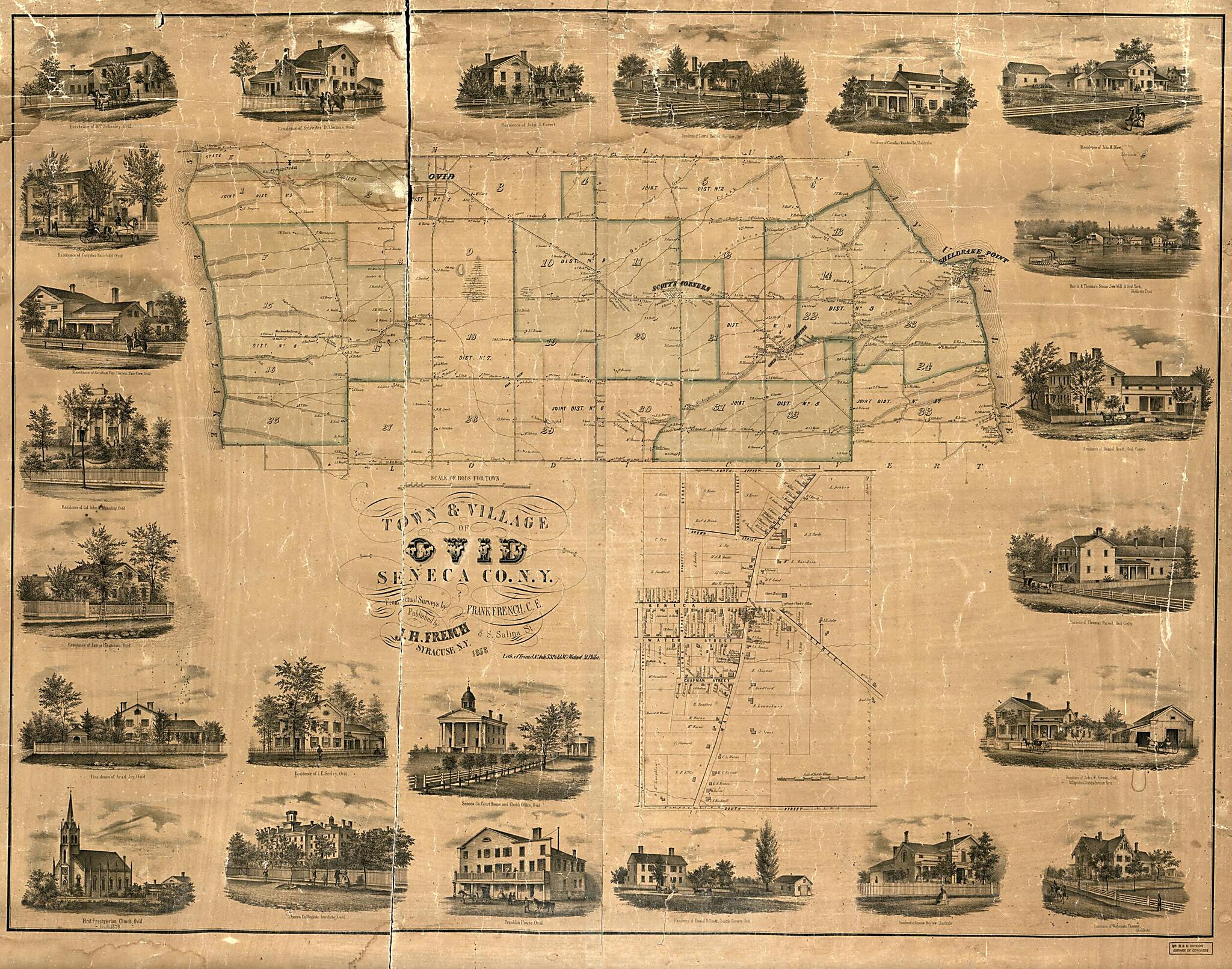 This old map of Town & Village of Ovid, Seneca County, New York (Town and Village of Ovid, Seneca County, New York) from 1858 was created by Frank F. French, J. H. (John Homer) French, Friend & Aub in 1858