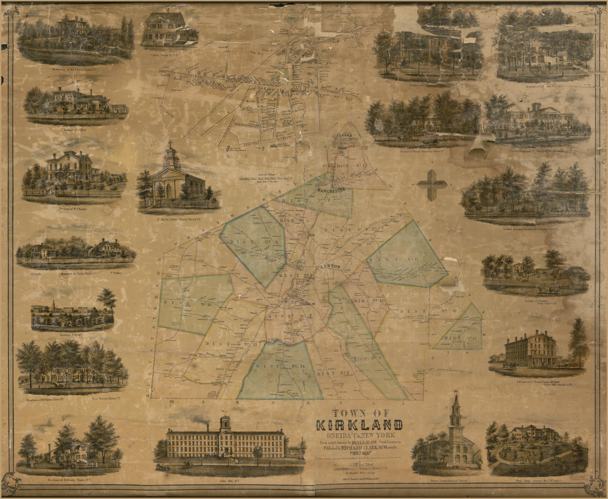 This old map of Town of Kirkland, Oneida Co., New York (Town of Kirkland, Oneida County, New York) from 1857 was created by Benjamin A. Clark, Friend & Aub in 1857