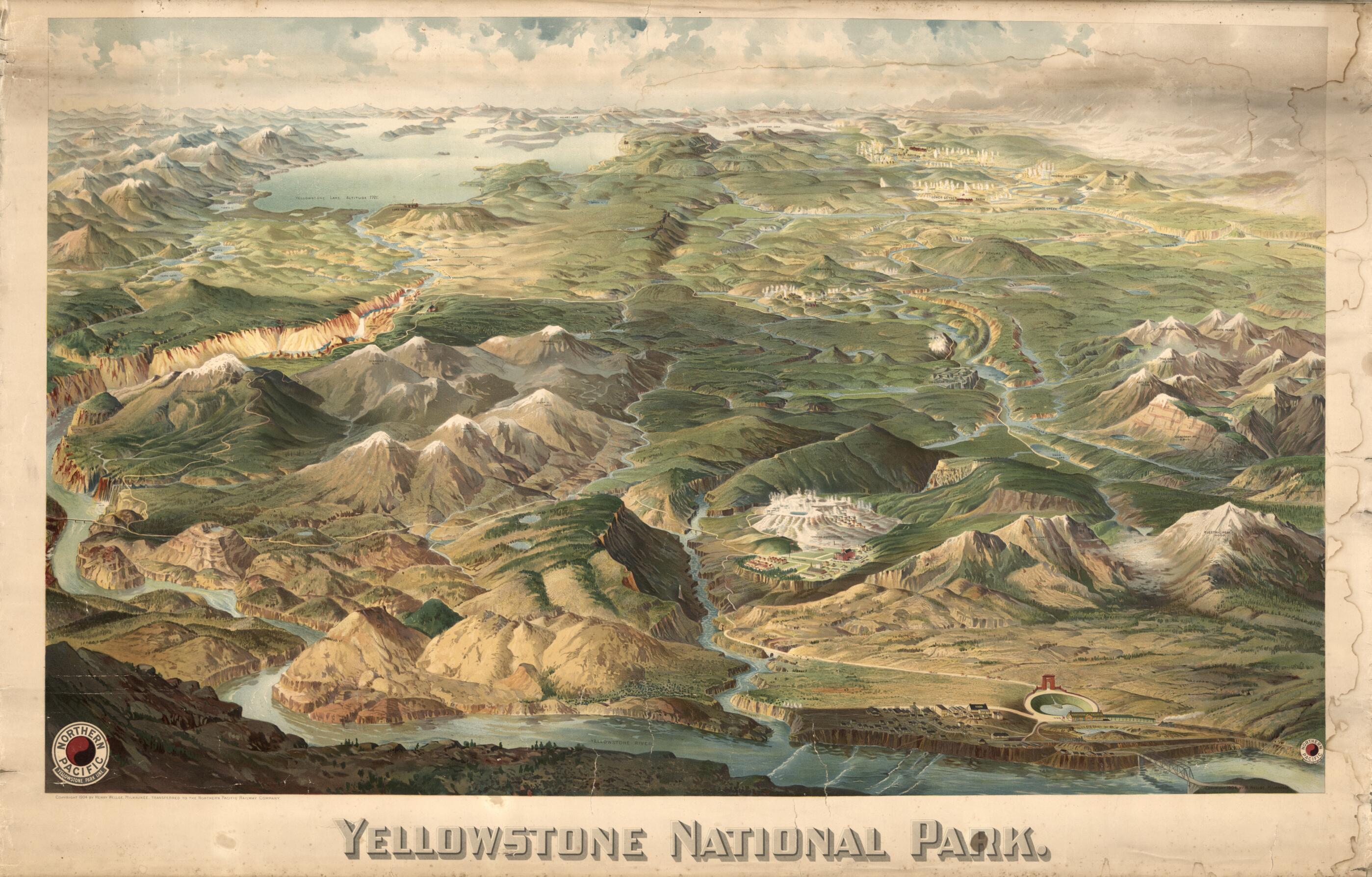 This old map of Yellowstone National Park from 1904 was created by Northern Pacific Railway Company, H. (Henry) Wellge in 1904