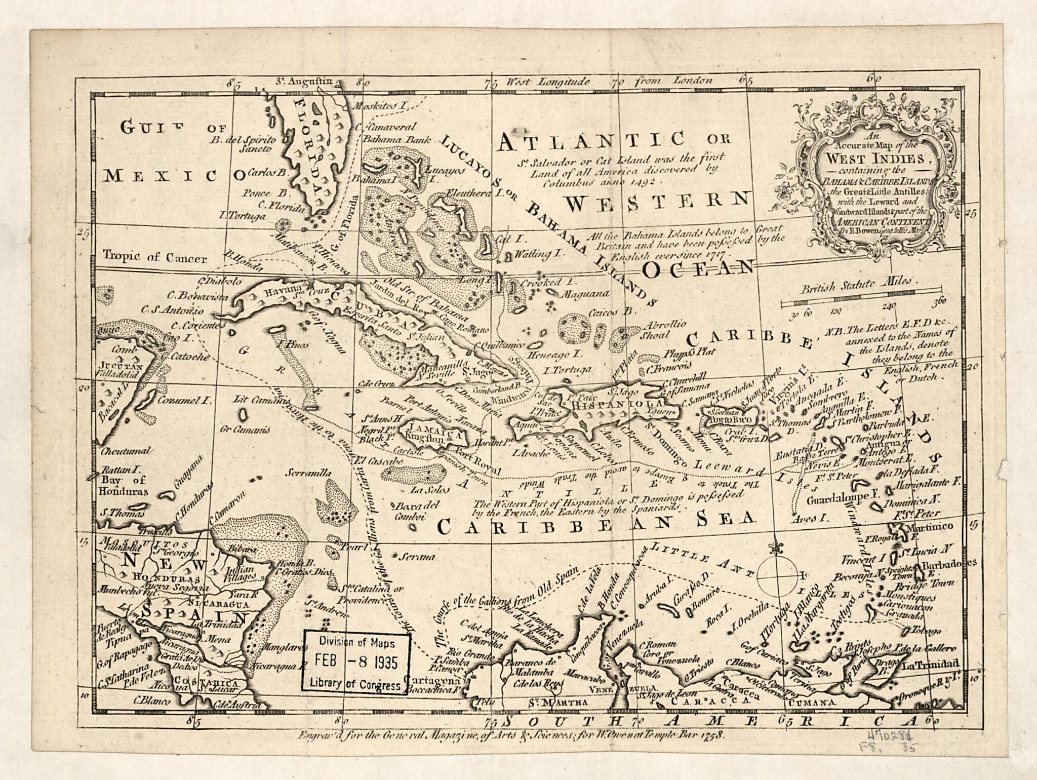 This old map of An Accurate Map of the West Indies Containing the Bahama & Caribbe Islands, the Great & Little Antilles With the Leward and Windward Islands & Part of the American Continent from 1758 was created by Emanuel Bowen in 1758