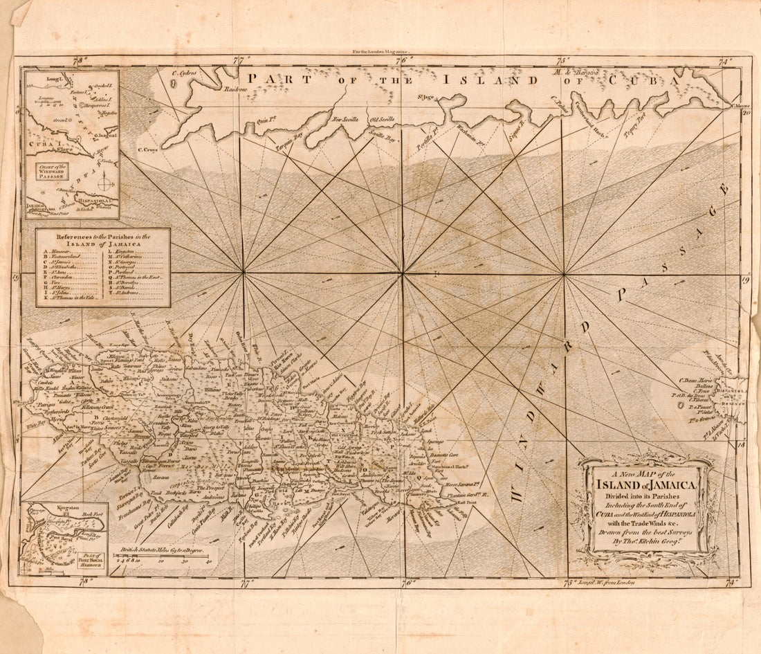 This old map of A New Map of the Island of Jamaica Divided Into Its Parishes : Including the South End of Cuba and the West End of Hispaniola With the Trade Winds &c from 1765 was created by Thomas Kitchin in 1765