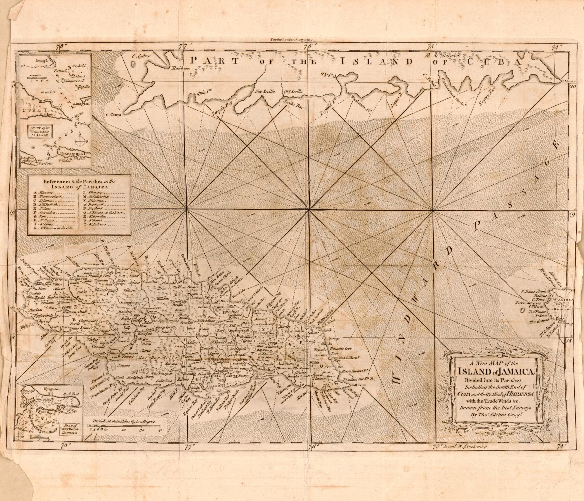 This old map of A New Map of the Island of Jamaica Divided Into Its Parishes : Including the South End of Cuba and the West End of Hispaniola With the Trade Winds &c from 1765 was created by Thomas Kitchin in 1765