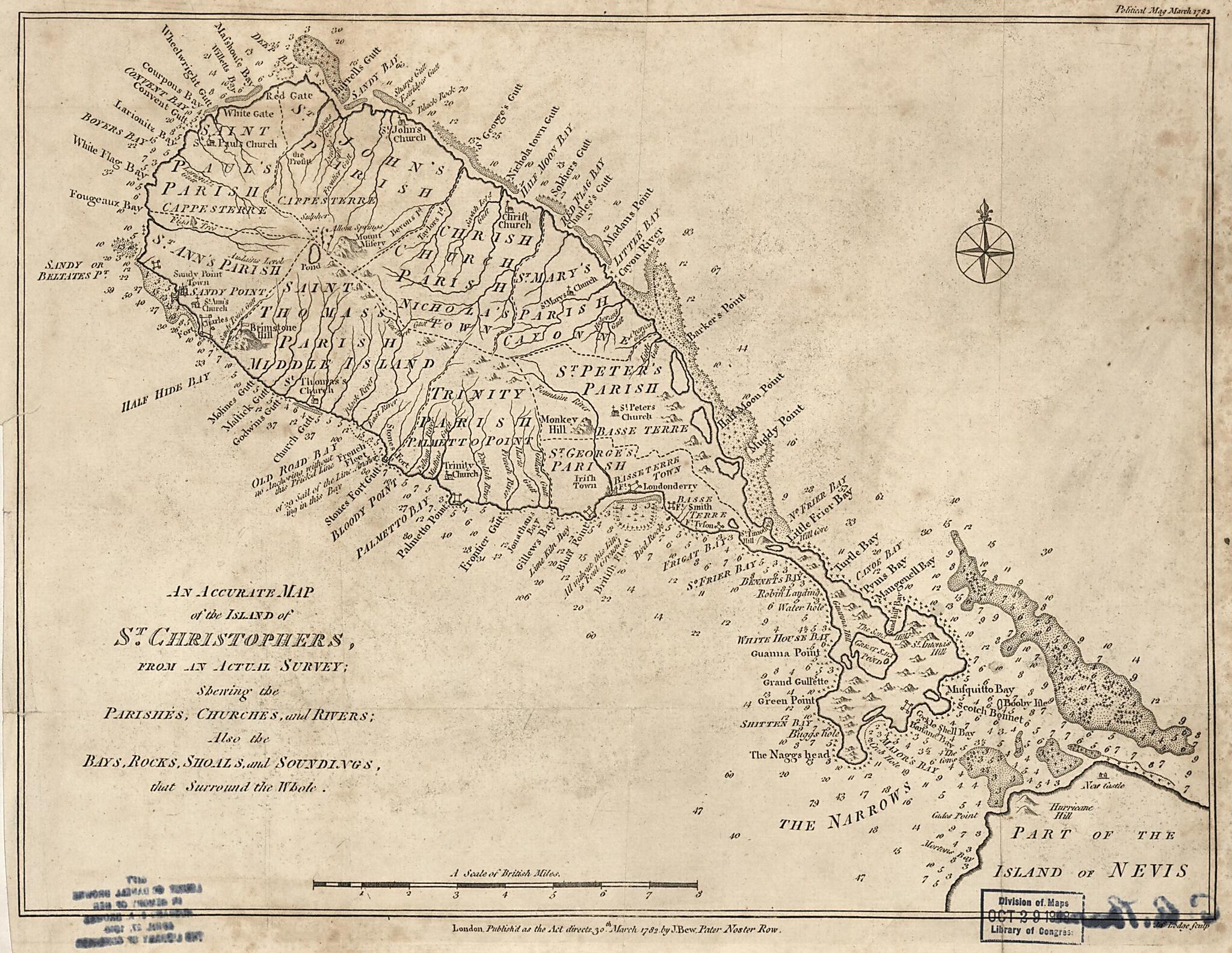 An Accurate Map of the Island of St. Christophers from an Acutal Survey Shewing the Parishes, Churches, and Rivers, Also the Bays, Rocks, Shoals, and Soundings That Surround the Whole 1782 by Relic Map Company