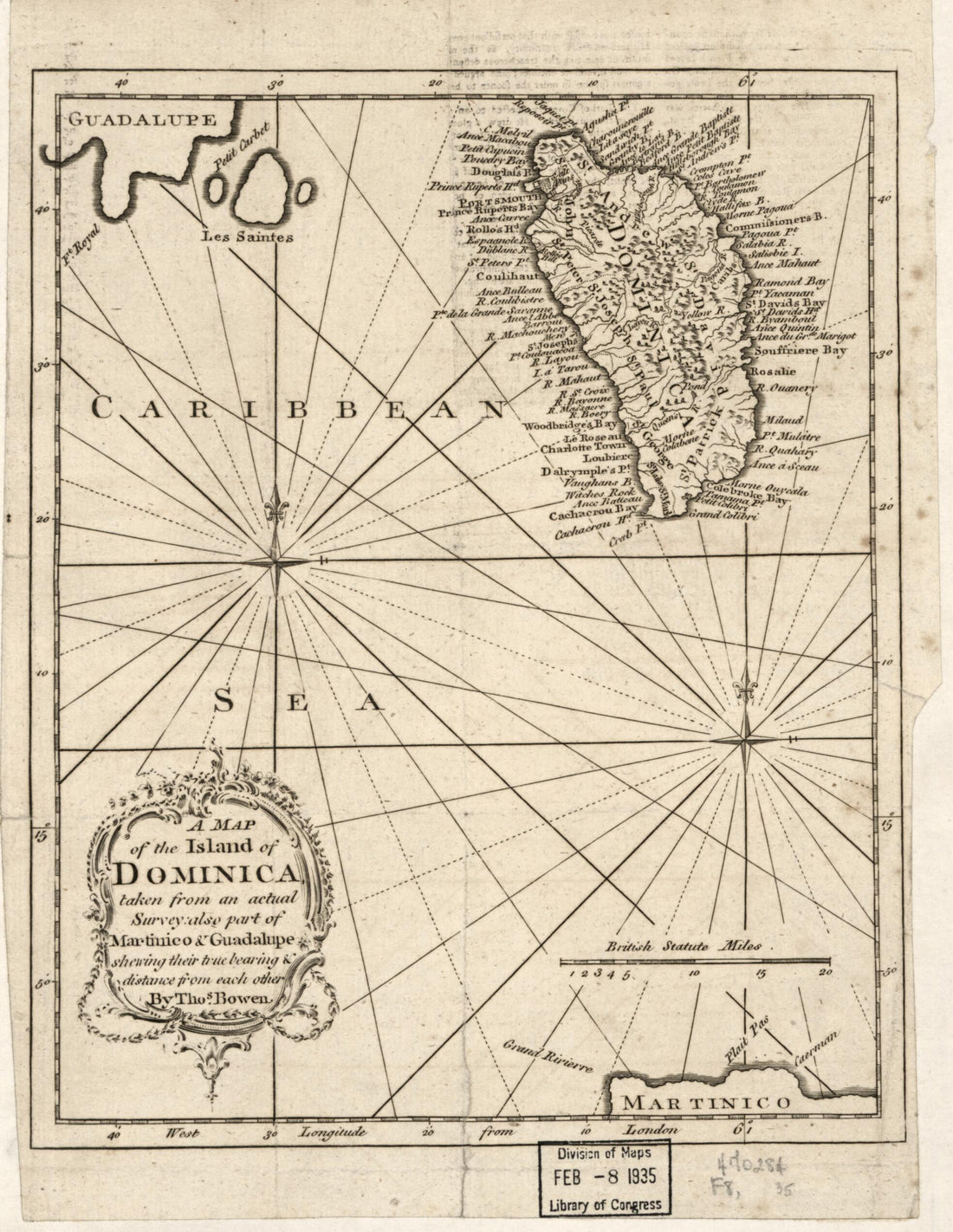 This old map of A Map of the Island of Dominica Taken from an Actual Survey, Also Part of Martinico & Guadalupe Shewing Their True Bearing & Distance from Each Other from 1778 was created by Thomas Bowen in 1778