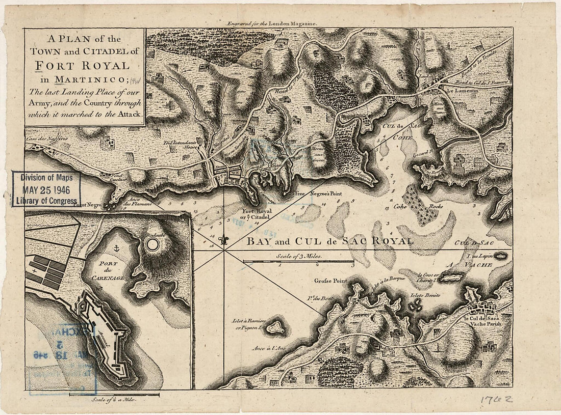 This old map of A Plan of the Town and Citadel of Fort Royal In Martinico : the Last Landing Place of Our Army and the Country Through Which It Marched to the Attack from 1762 was created by in 1762