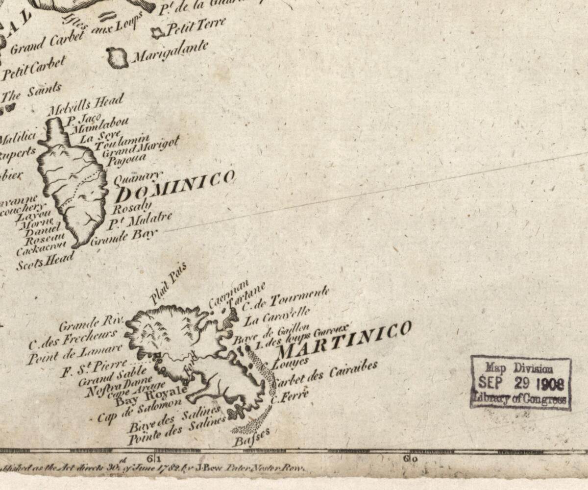 This old map of Map of the Islands of Martinico, Dominico, Guardalupe, St. Christophers &c. Shewing the Place of Adml. Rodney&