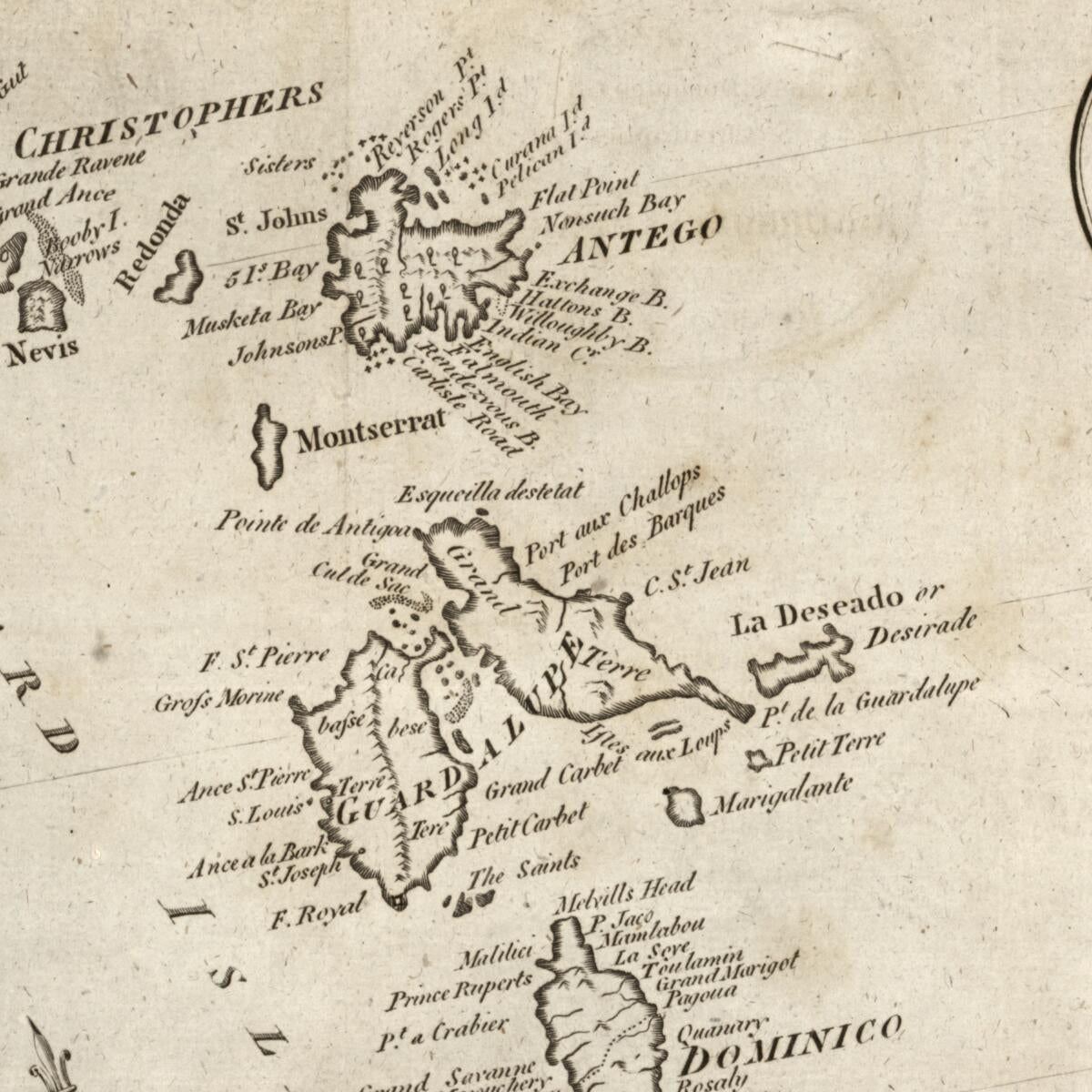 This old map of Map of the Islands of Martinico, Dominico, Guardalupe, St. Christophers &c. Shewing the Place of Adml. Rodney&