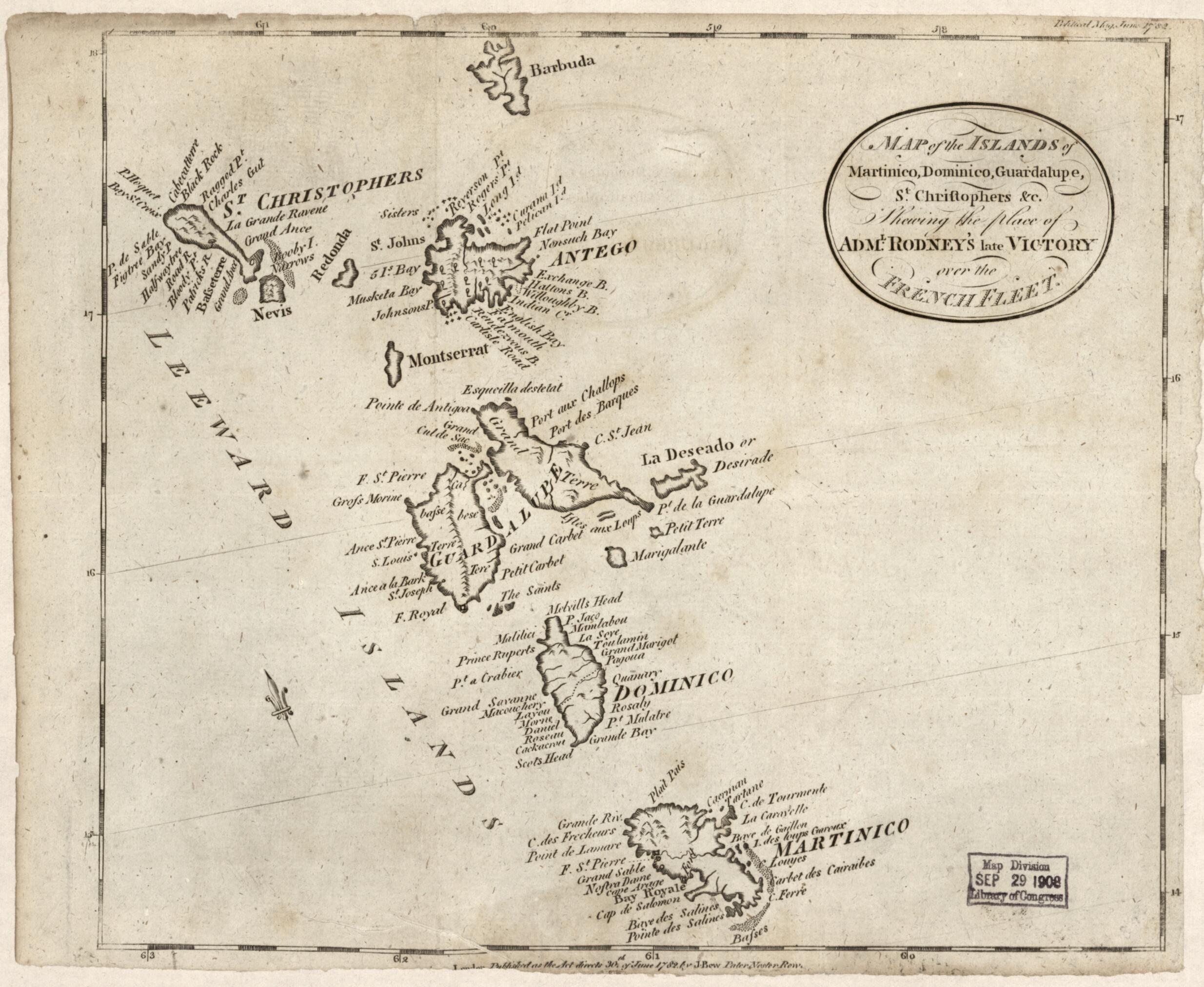 This old map of Map of the Islands of Martinico, Dominico, Guardalupe, St. Christophers &c. Shewing the Place of Adml. Rodney&
