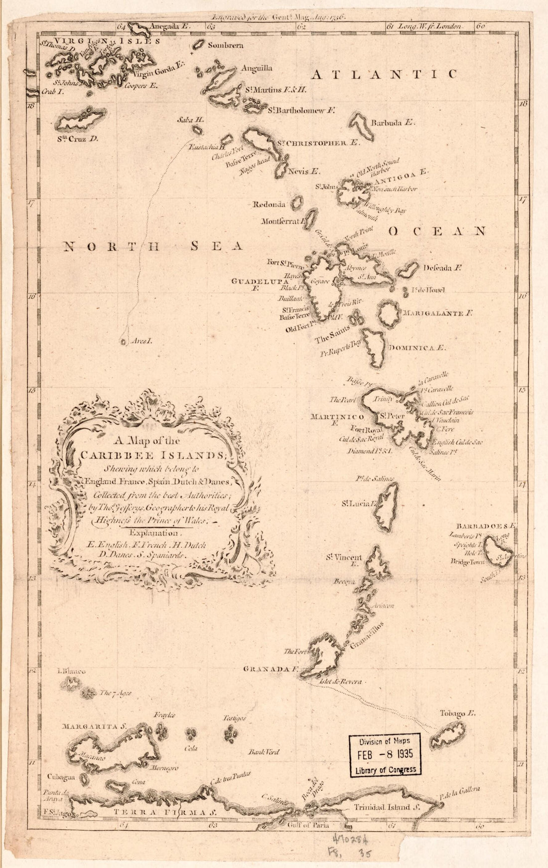 This old map of A Map of the Caribbee Islands : Shewing Which Belong to England, France, Spain, Dutch & Danes Collected from the Best Authorities from 1756 was created by Thomas Jefferys in 1756