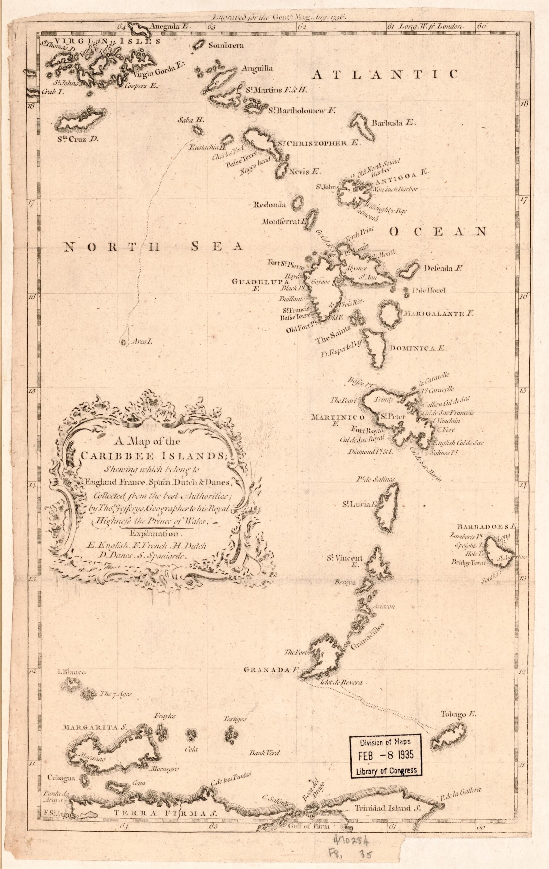 This old map of A Map of the Caribbee Islands : Shewing Which Belong to England, France, Spain, Dutch & Danes Collected from the Best Authorities from 1756 was created by Thomas Jefferys in 1756