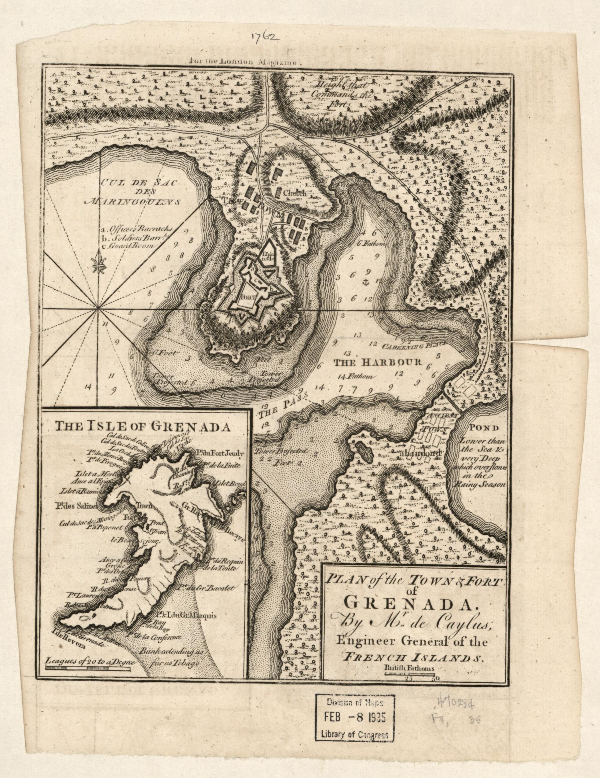 This old map of Plan of the Town & Fort of Grenada from 1762 was created by DE Caylus in 1762