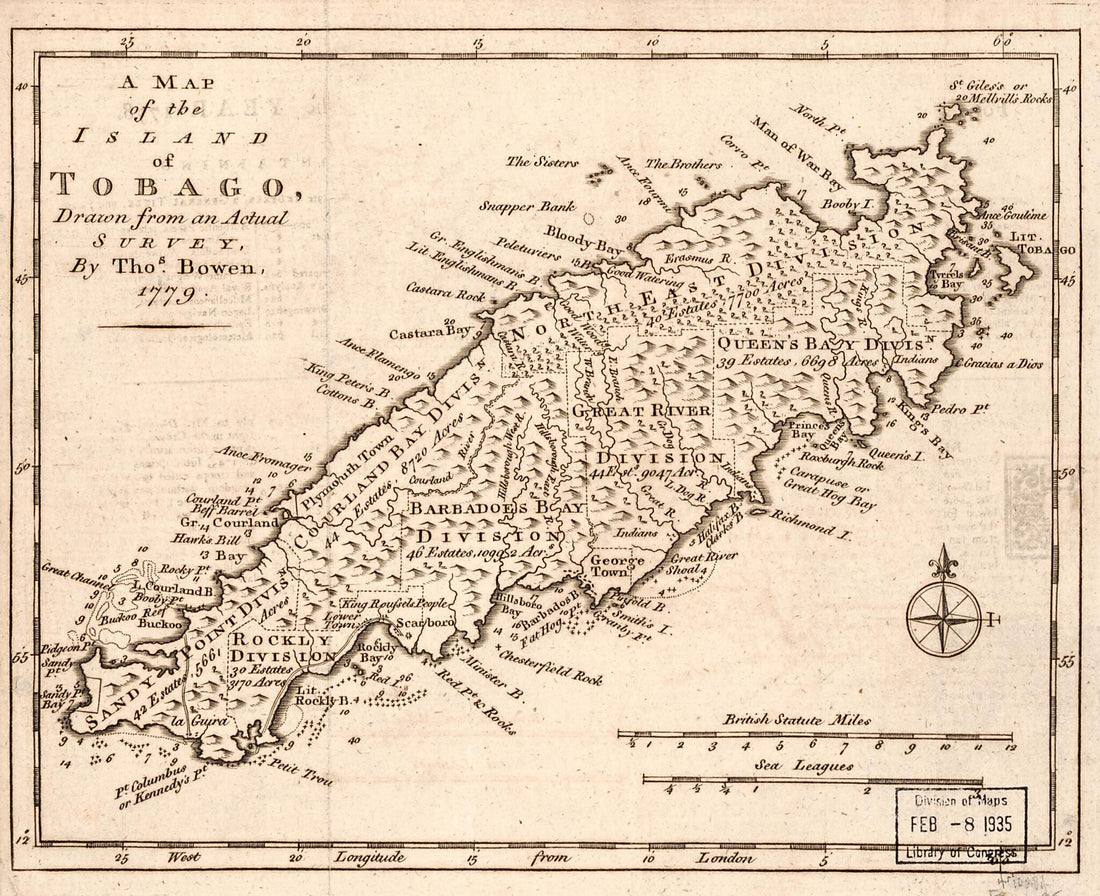 This old map of A Map of the Island of Tobago from 1779 was created by Thomas Bowen in 1779