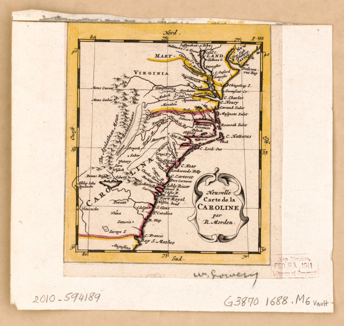 Nouvelle Carte De La Caroline 1688 by Relic Map Company