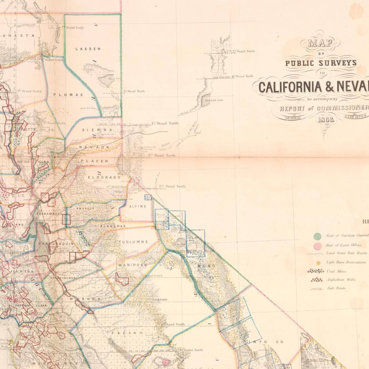 This old map of Map of Public Surveys In California & Nevada : to Accompany Report of Commissioner of the General Land Office, from 1866 was created by Julius Bien,  New York Lithographing and Engraving Co,  United States. General Land Office in 1866