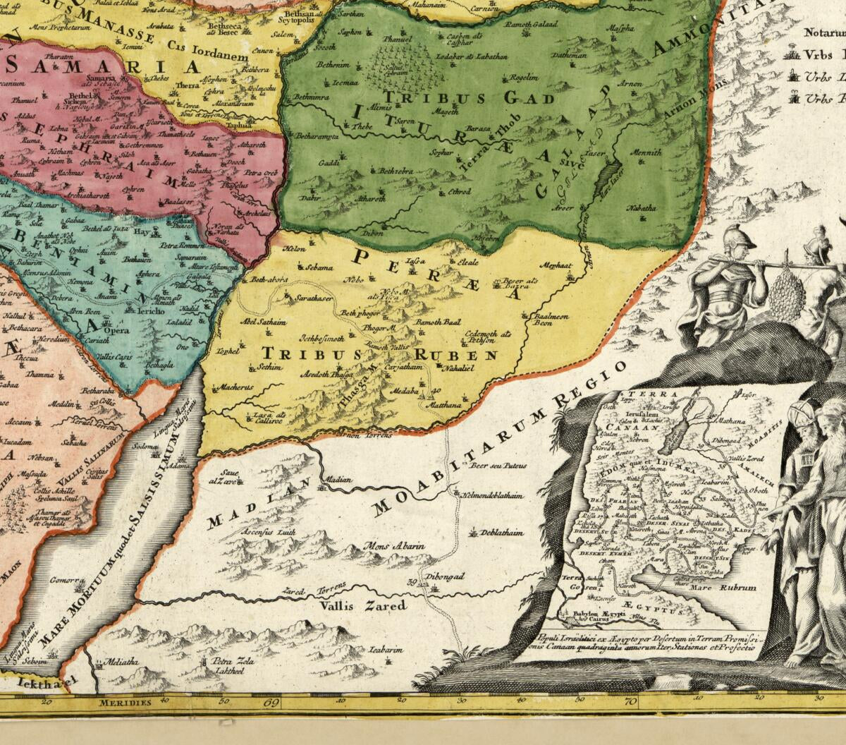 This old map of Iudæa Seu Palæstina Ob Sacratissima Redemtoris Vestigia Hodie Dicta Terra Sancta Prout Olim In Duodecim Tribus Divisa : Separatis Ab Invicem Regnis Iuda Et Israel Expressis Insuper VI Ultimi Temporis Ejusdem Terræ Provinciis Collecta E