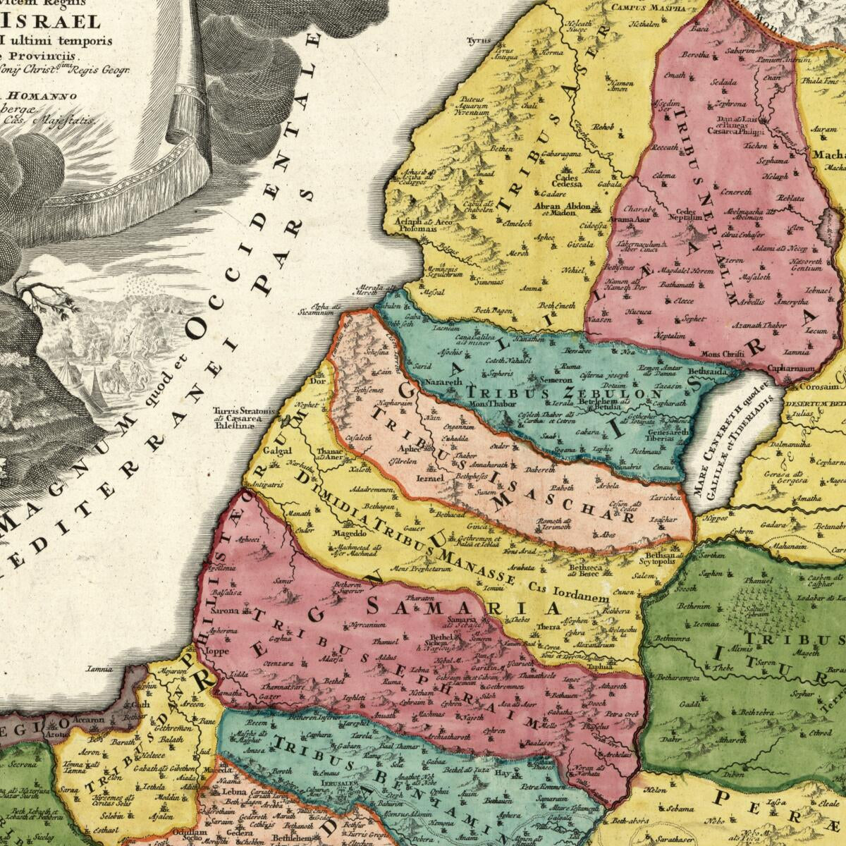 This old map of Iudæa Seu Palæstina Ob Sacratissima Redemtoris Vestigia Hodie Dicta Terra Sancta Prout Olim In Duodecim Tribus Divisa : Separatis Ab Invicem Regnis Iuda Et Israel Expressis Insuper VI Ultimi Temporis Ejusdem Terræ Provinciis Collecta E