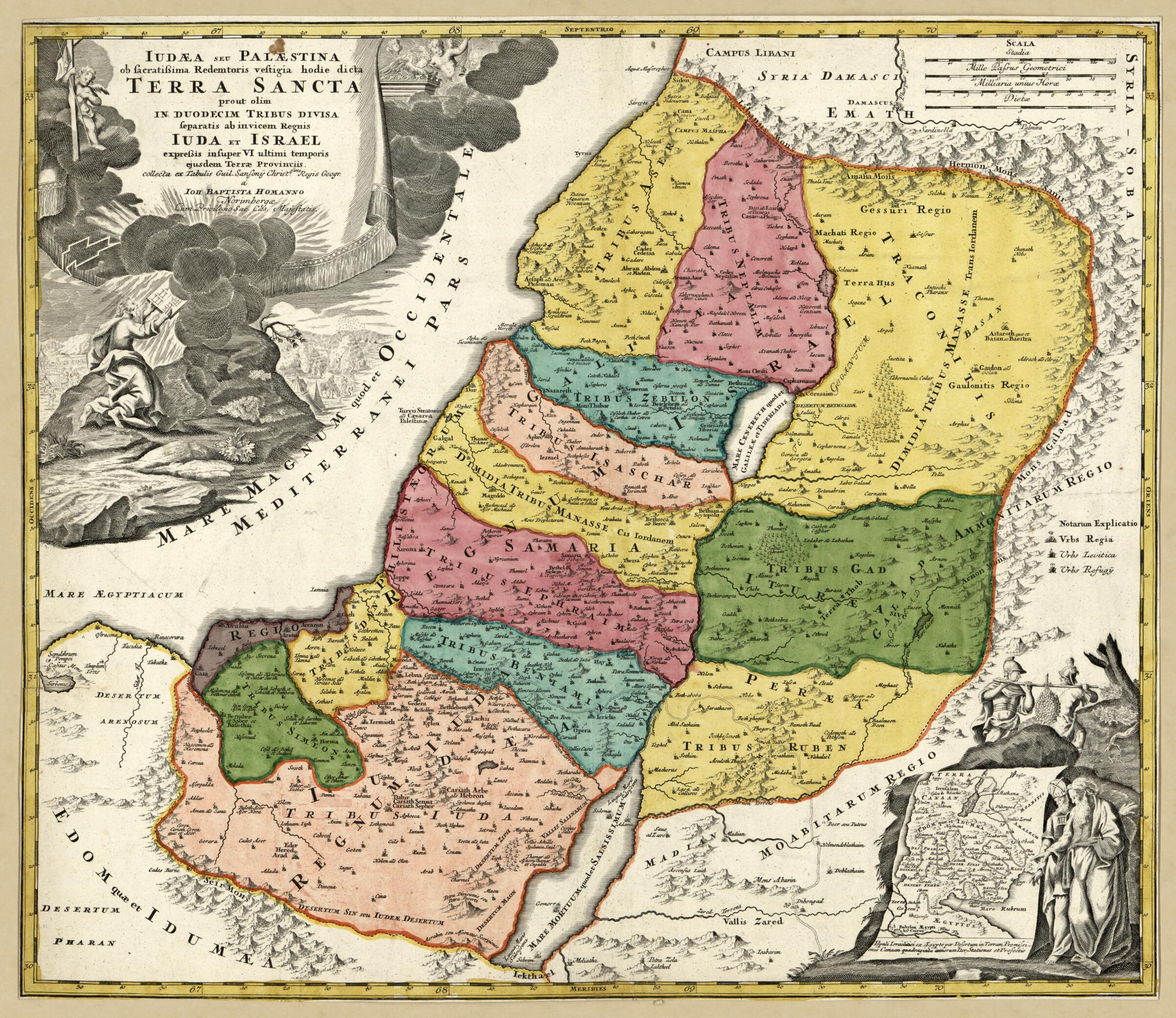 This old map of Iudæa Seu Palæstina Ob Sacratissima Redemtoris Vestigia Hodie Dicta Terra Sancta Prout Olim In Duodecim Tribus Divisa : Separatis Ab Invicem Regnis Iuda Et Israel Expressis Insuper VI Ultimi Temporis Ejusdem Terræ Provinciis Collecta E