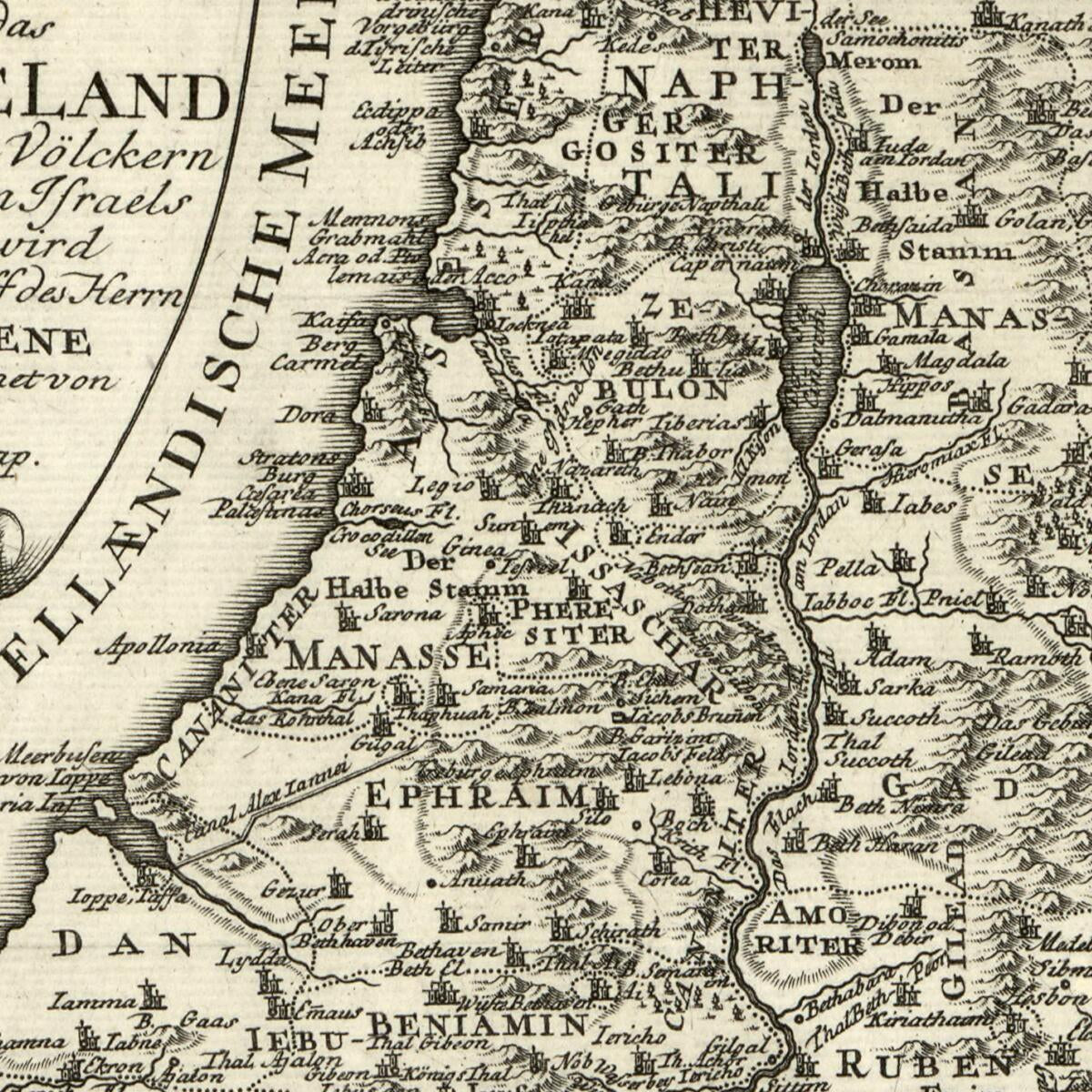 This old map of Charte Worauf Das Lüdischeland : Nach Den Alten Völckern Und XII Stämen Israels Vorgesstellet Wird Nach Dem Entwurff Des Herrn W.A. Bachiene from 1776 was created by I. E. Vetter in 1776